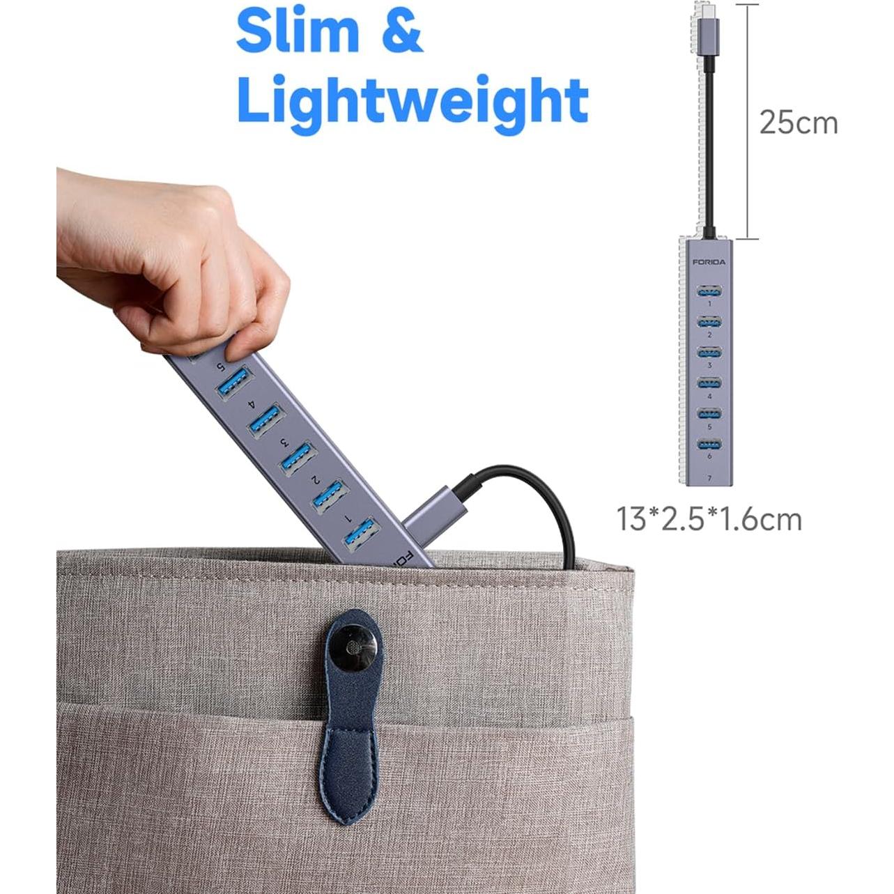 Hub USB C FORIDA 8 Puertos 3.0 con Carga 5V/3A - Aluminio