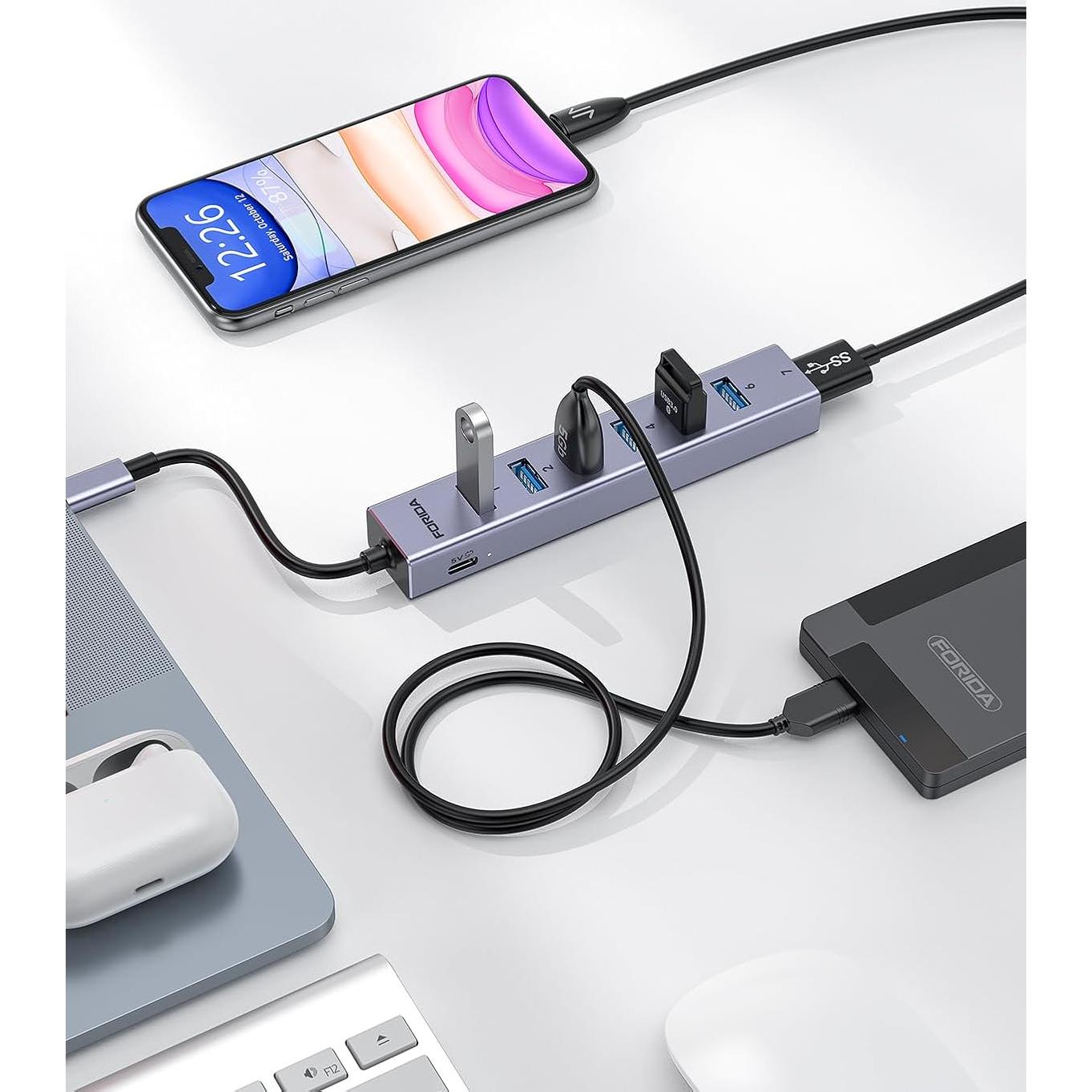 Hub USB C FORIDA 8 Puertos 3.0 con Carga 5V/3A - Aluminio