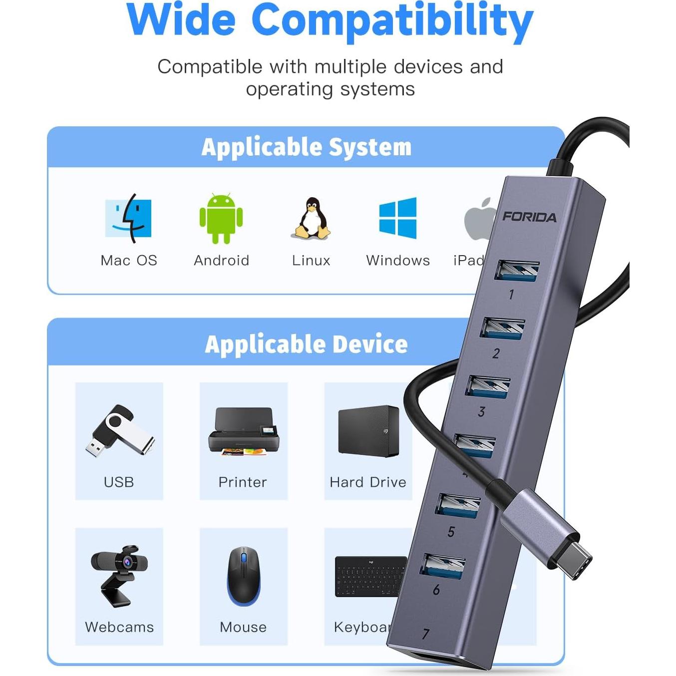 Hub USB C FORIDA 8 Puertos 3.0 con Carga 5V/3A - Aluminio