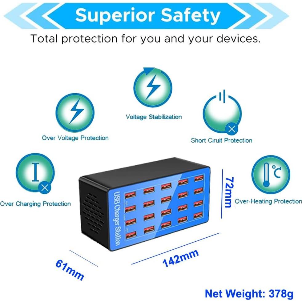 Estación de Carga USB MaxLax 20 Puertos 100W Cargador Multi-USB