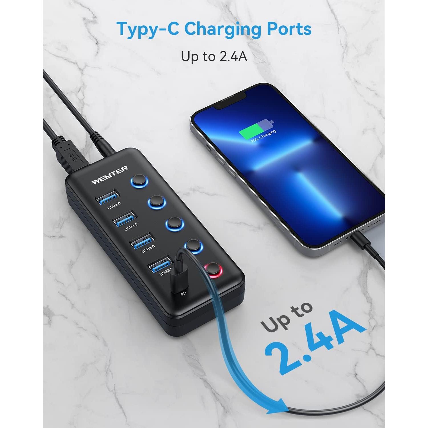 Hub USB 3.0 Alimentado Wenter 4 Puertos + Carga Tipo-C