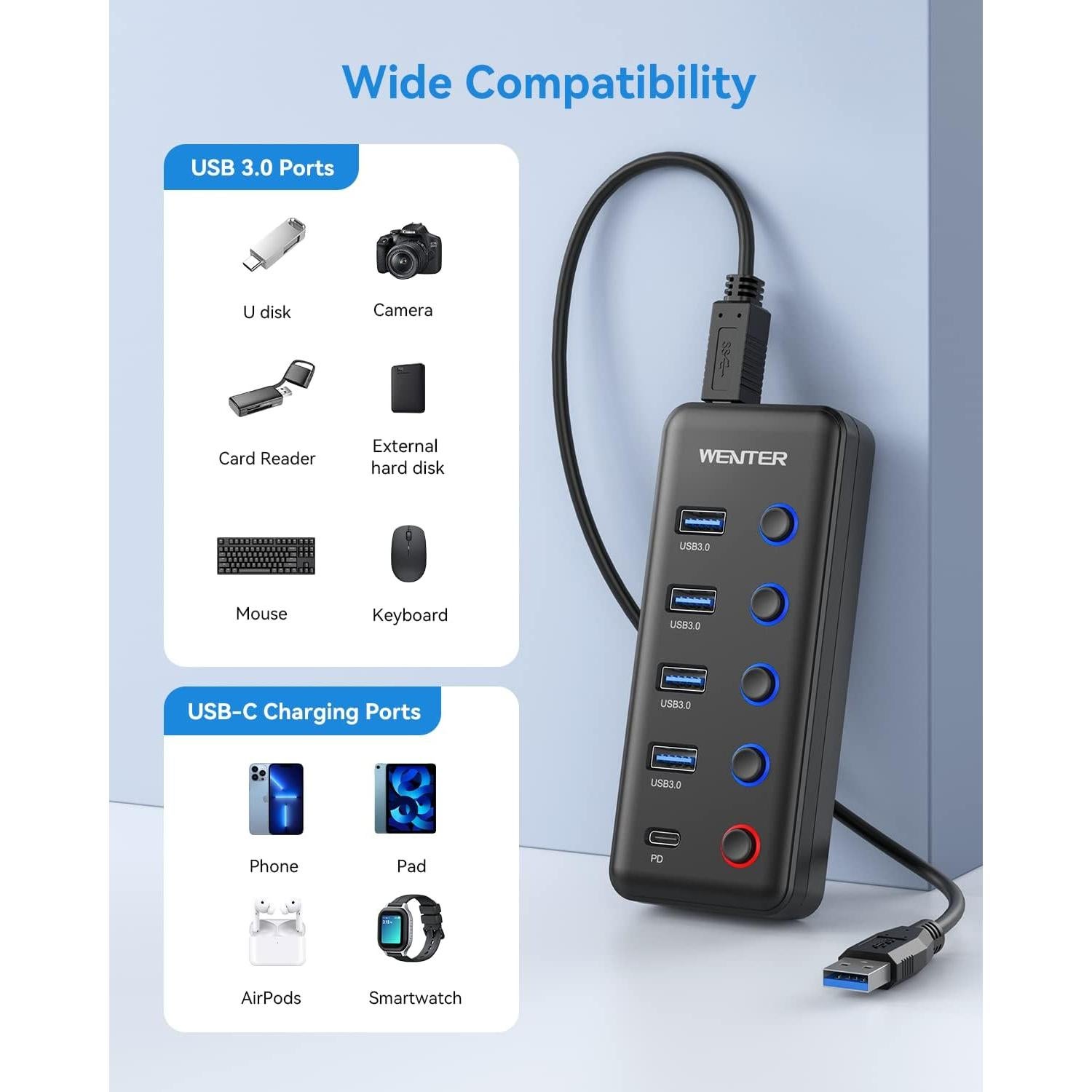 Hub USB 3.0 Alimentado Wenter 4 Puertos + Carga Tipo-C