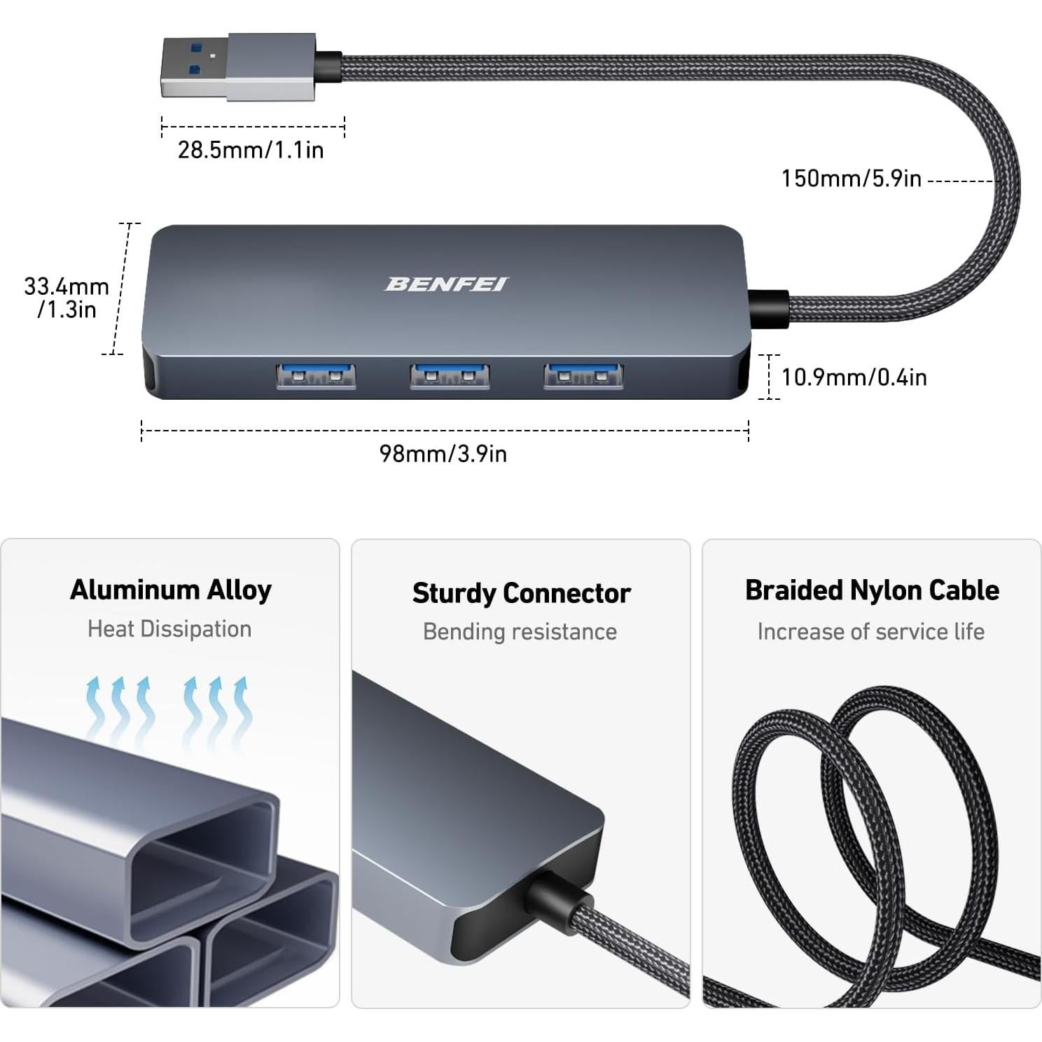 Hub USB 3.0 BENFEI 4 Puertos Ultra Delgado Gris