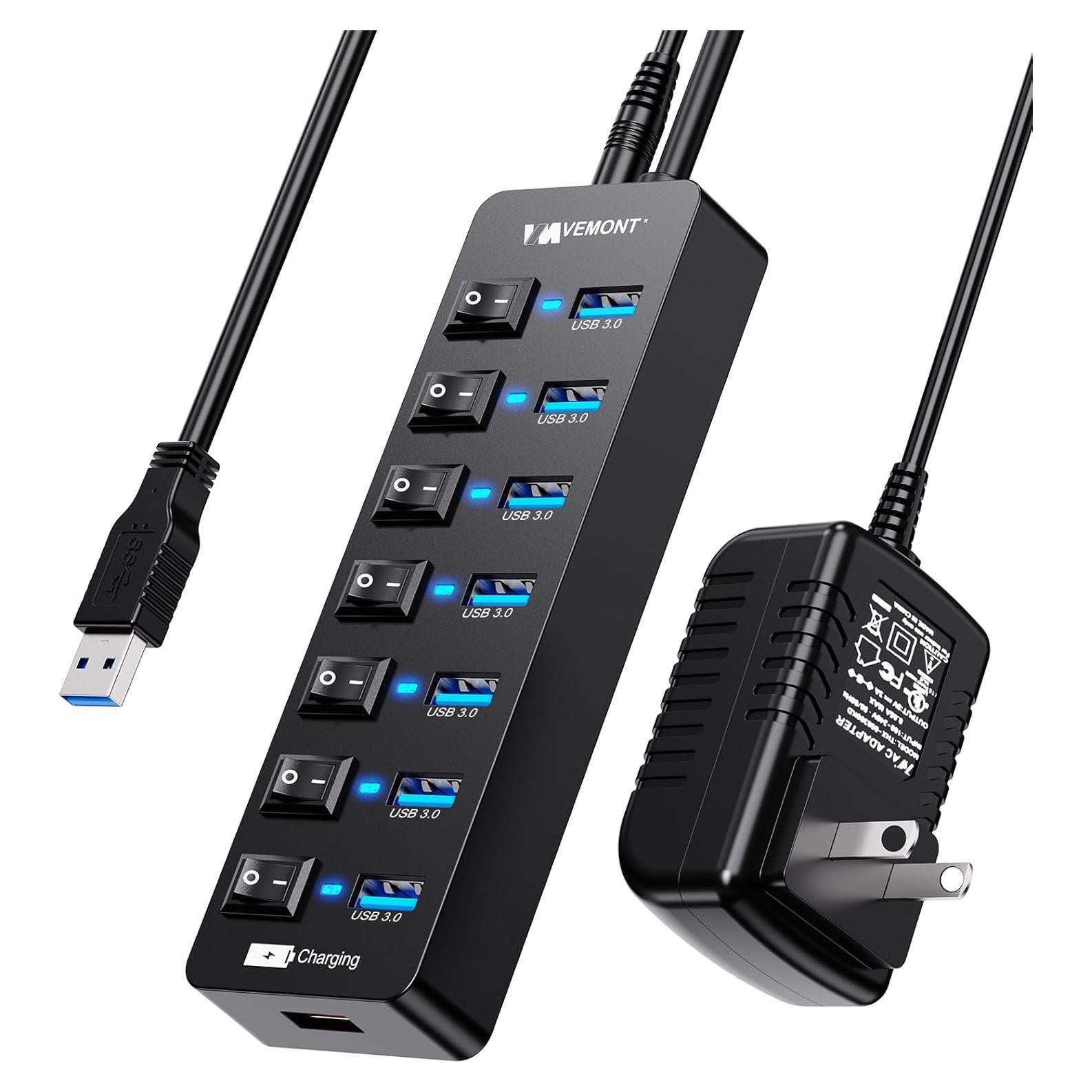 Hub USB 3.0 Alimentado VEMONT 7 Puertos + Carga 2.4A