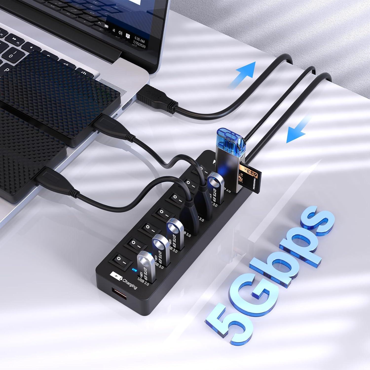 Hub USB 3.0 Alimentado VEMONT 7 Puertos + Carga 2.4A