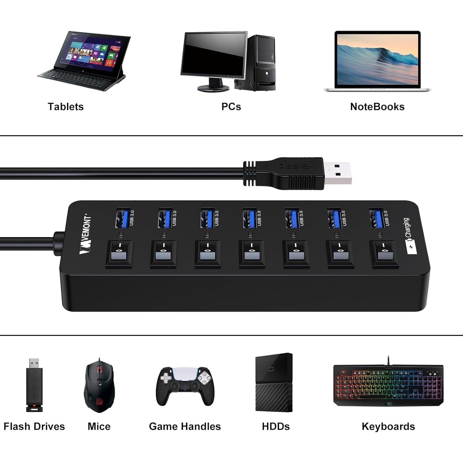 Hub USB 3.0 Alimentado VEMONT 7 Puertos + Carga 2.4A