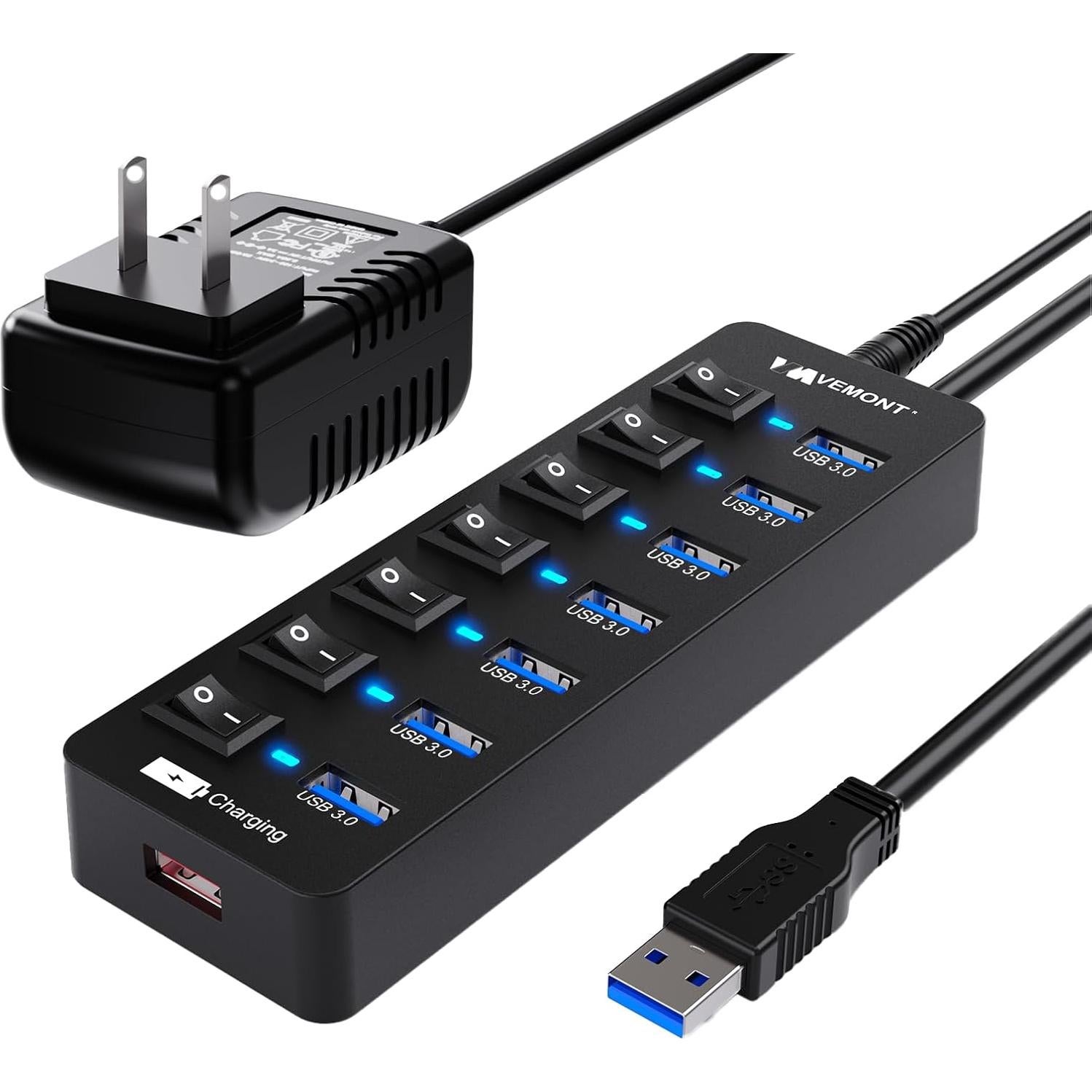 Hub USB 3.0 Alimentado VEMONT 7 Puertos + Carga 2.4A