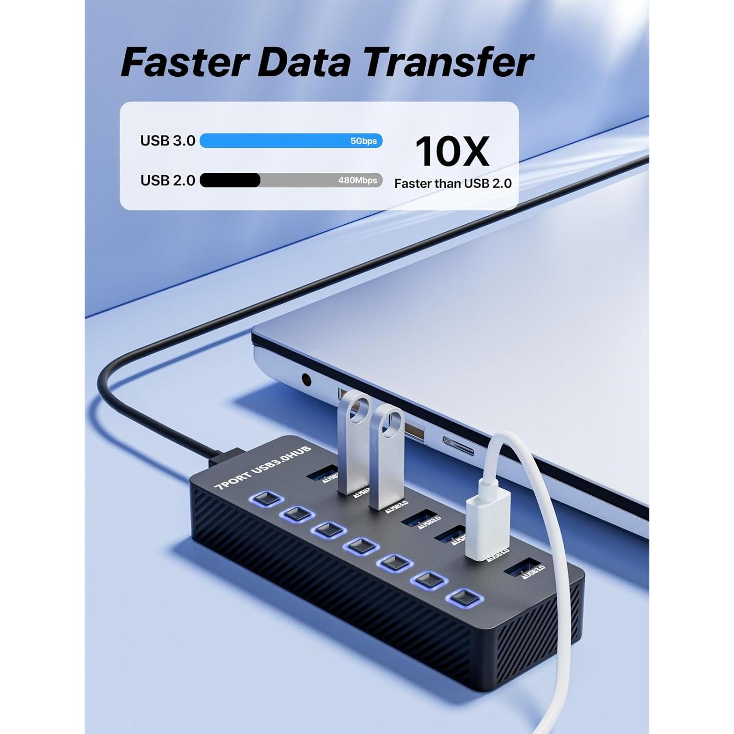 Hub USB 3.0 ZIUMIER de 7 Puertos con Interruptores LED