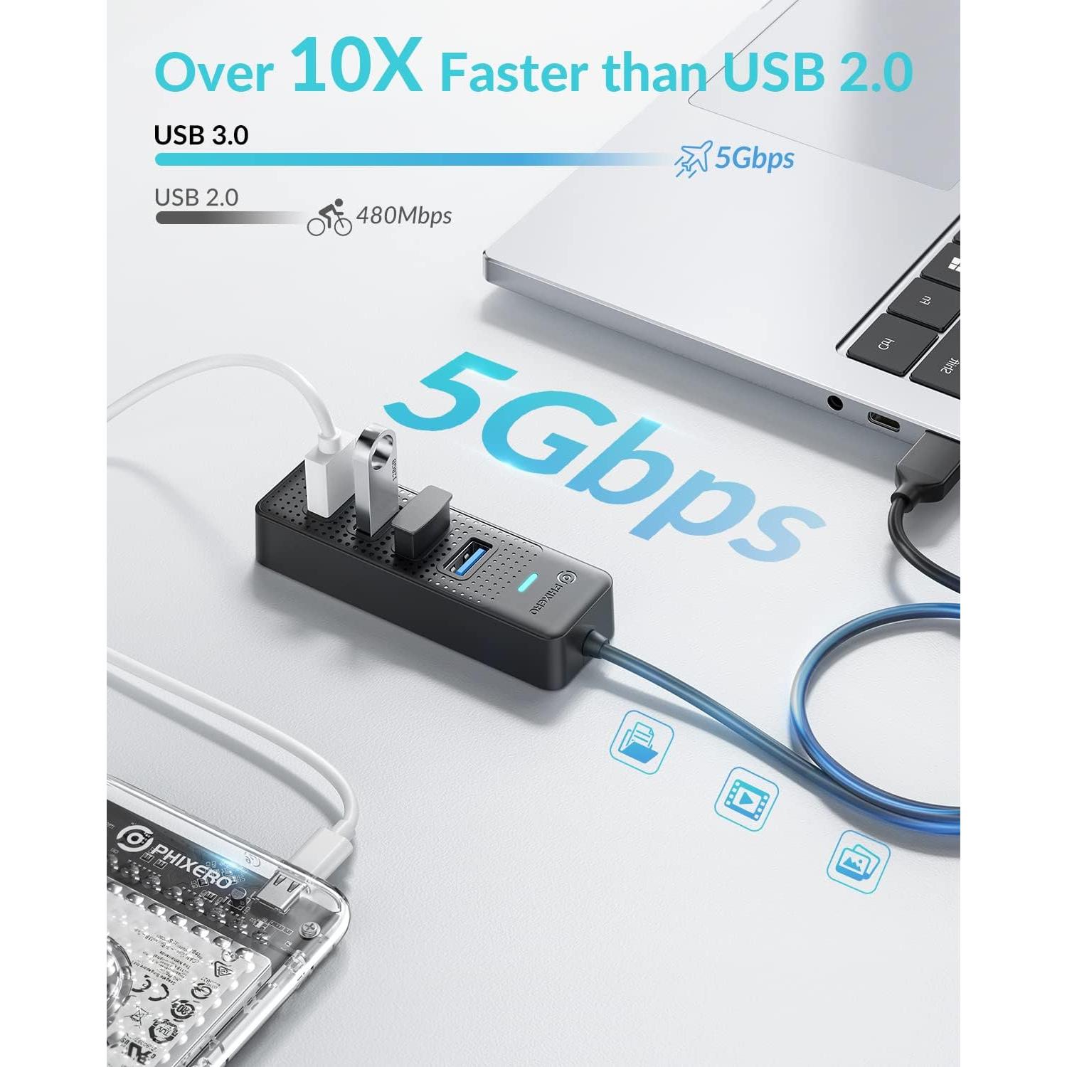 Hub USB 3.2 PHIXERO Compacto 4 Puertos 0.49m Alta Velocidad