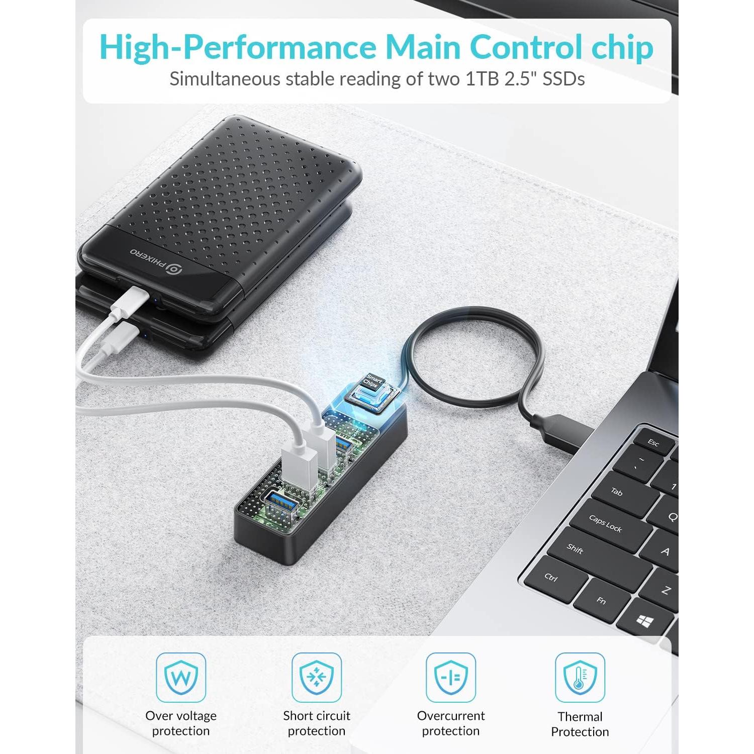 Hub USB 3.2 PHIXERO Compacto 4 Puertos 0.49m Alta Velocidad