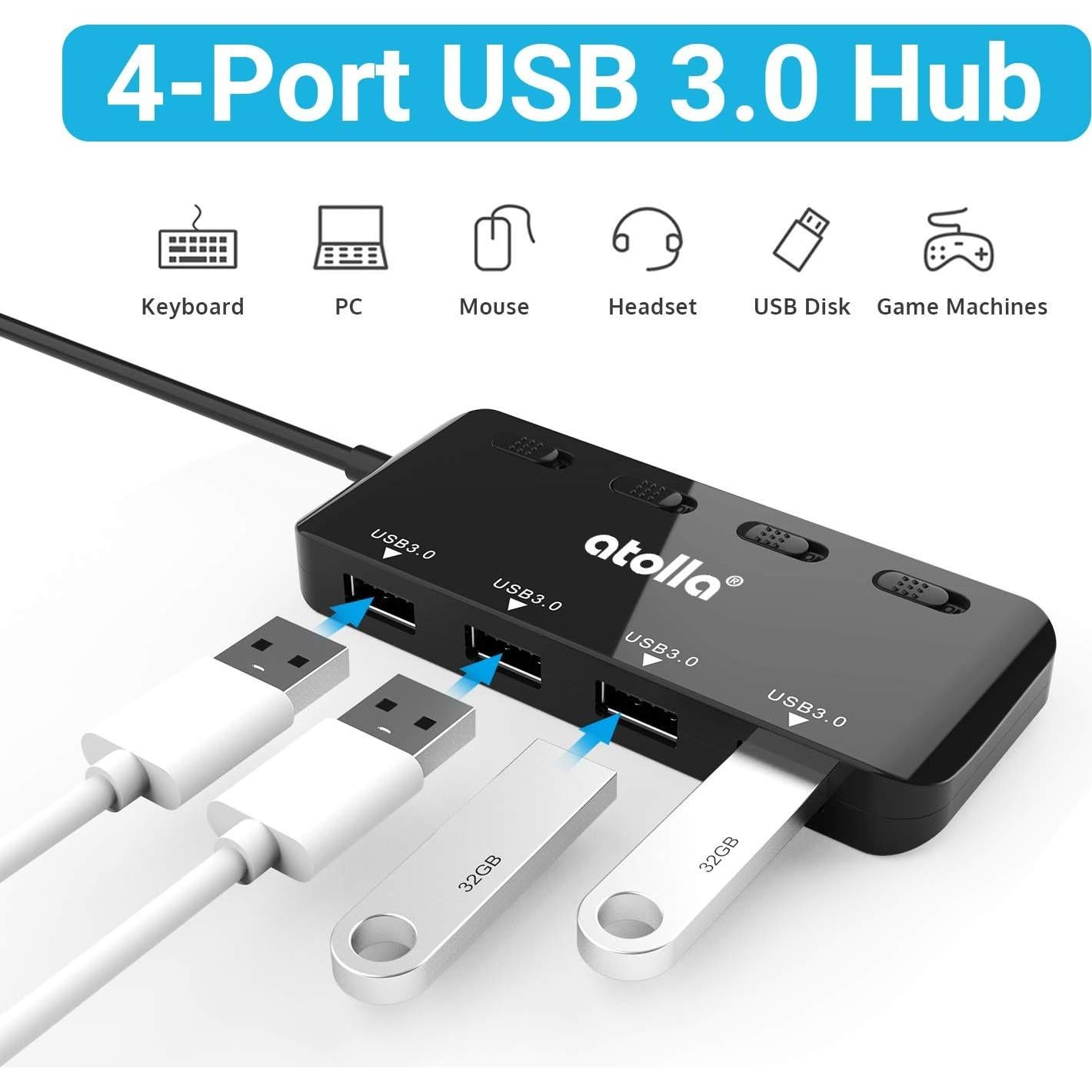 Hub USB 3.0 Bauihr de 4 Puertos Ultra Delgado con Interruptores