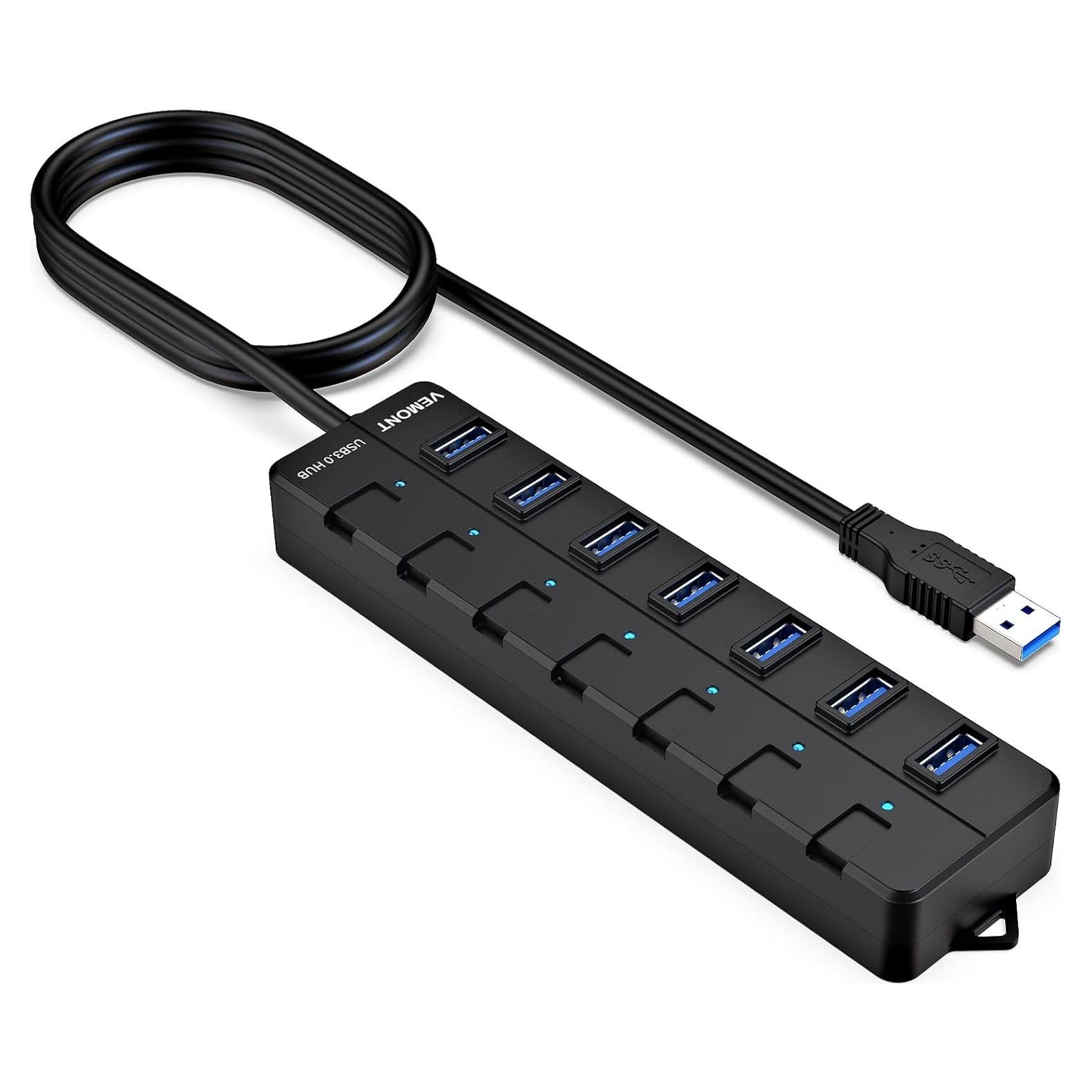 Hub USB 3.0 VEMONT de 7 Puertos con Interruptores y Cable 1.2m