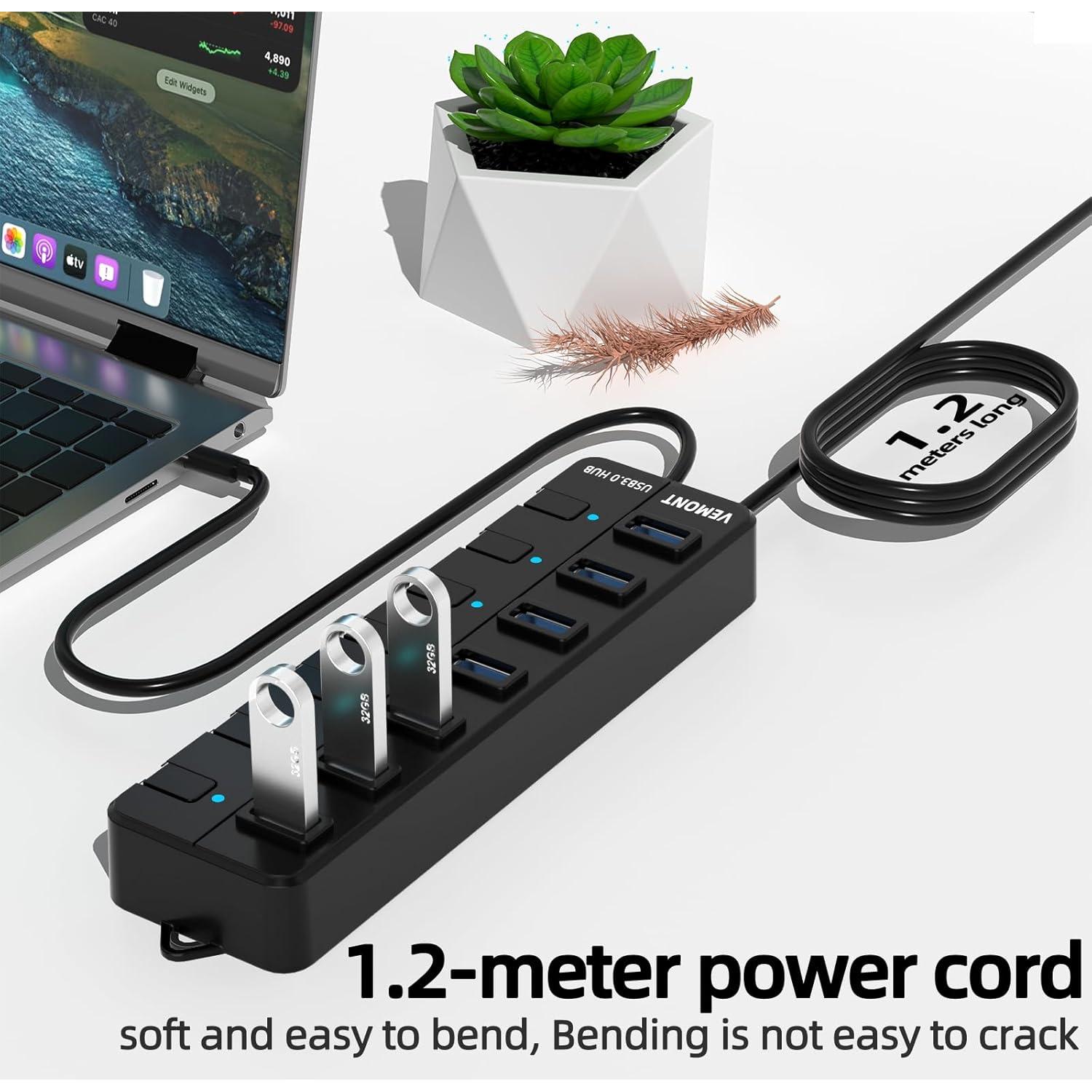 Hub USB 3.0 VEMONT de 7 Puertos con Interruptores y Cable 1.2m