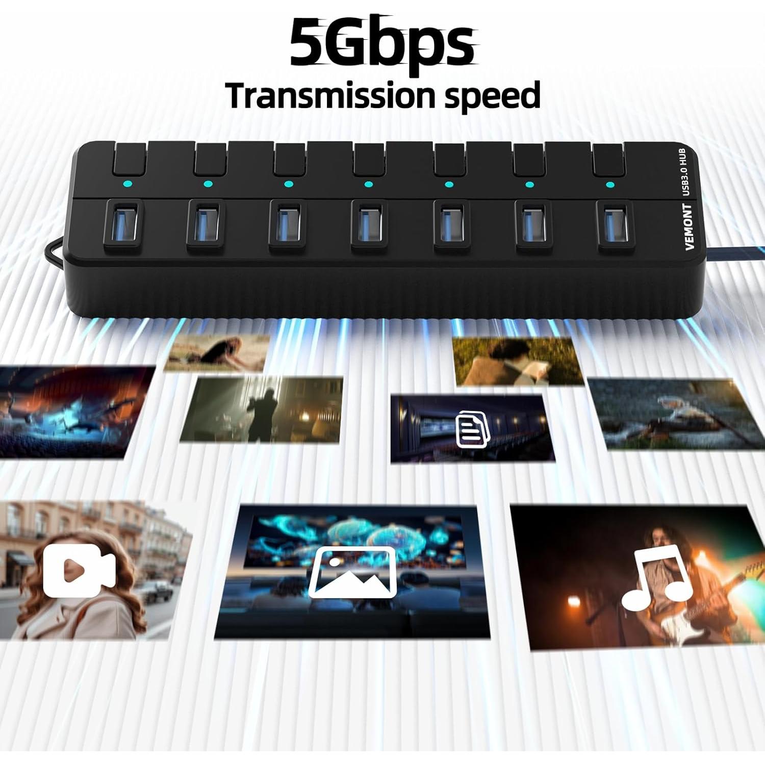 Hub USB 3.0 VEMONT de 7 Puertos con Interruptores y Cable 1.2m