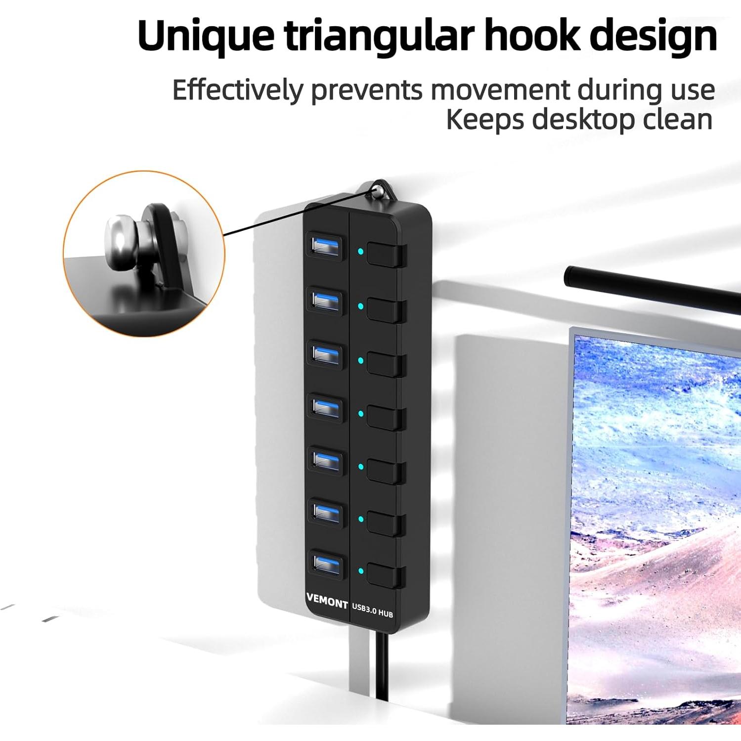 Hub USB 3.0 VEMONT de 7 Puertos con Interruptores y Cable 1.2m