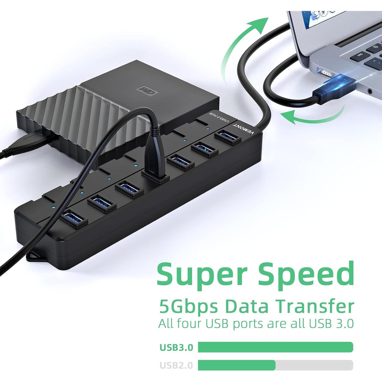 Hub USB 3.0 VEMONT de 7 Puertos con Interruptores y Cable 1.2m