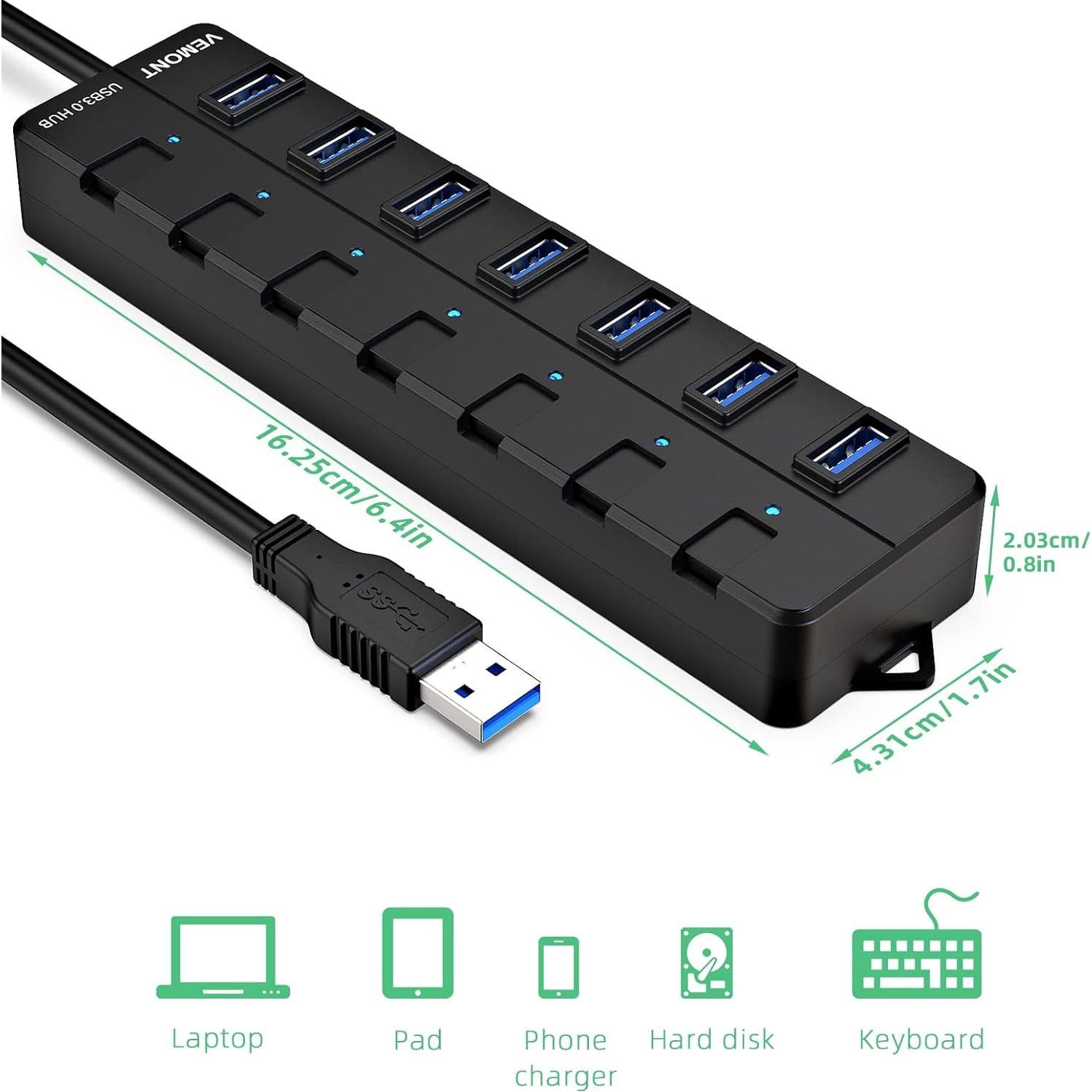Hub USB 3.0 VEMONT de 7 Puertos con Interruptores y Cable 1.2m