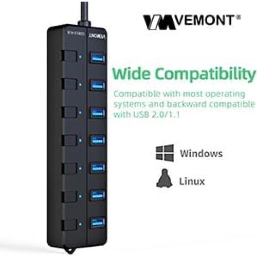 Hub USB 3.0 VEMONT de 7 Puertos con Interruptores y Cable 1.2m