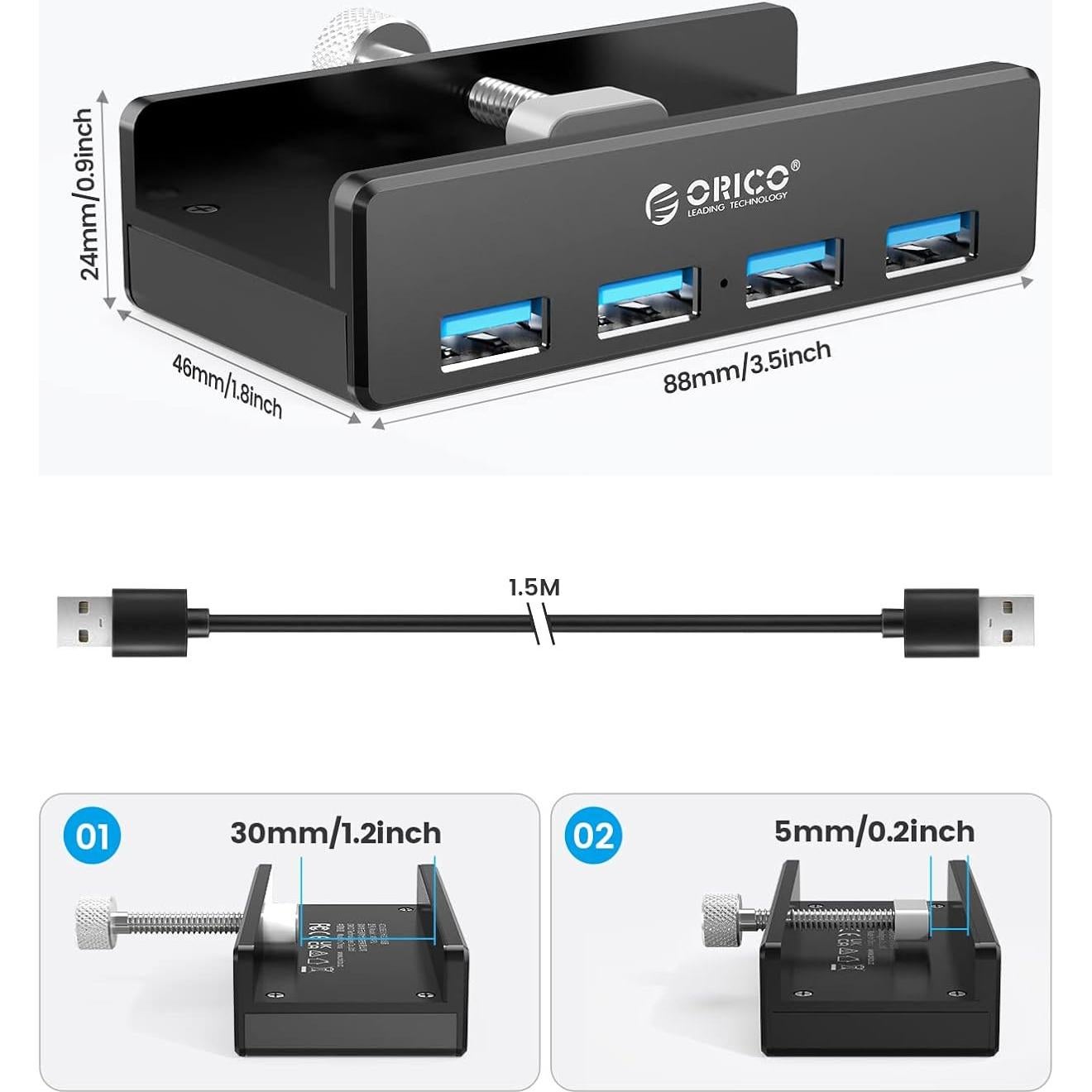 Hub USB 3.0 ORICO MH4PU-BK de 4 Puertos con Abrazadera