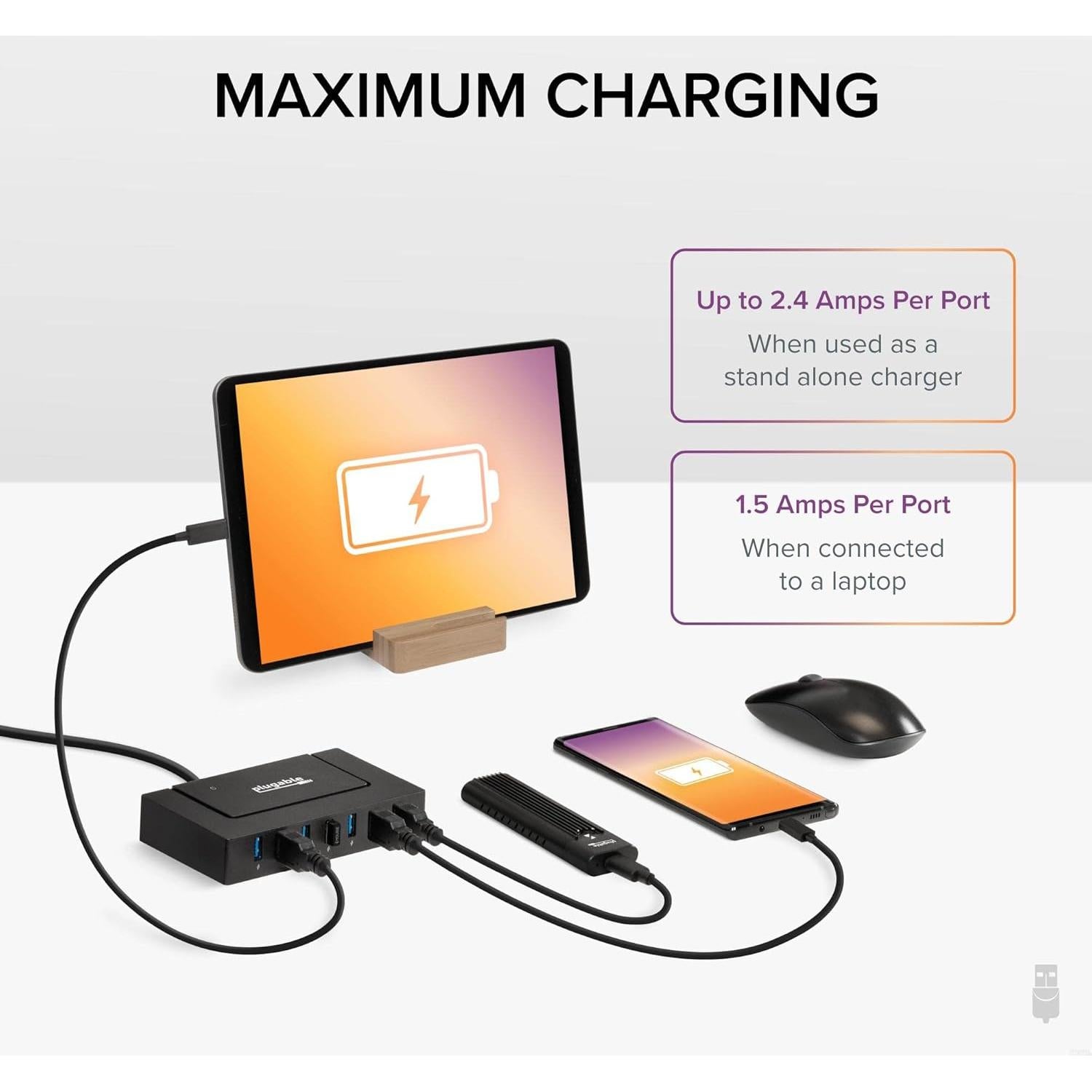Hub USB 7 Puertos Plugable 3.0 y USB-C 60W Carga Rápida