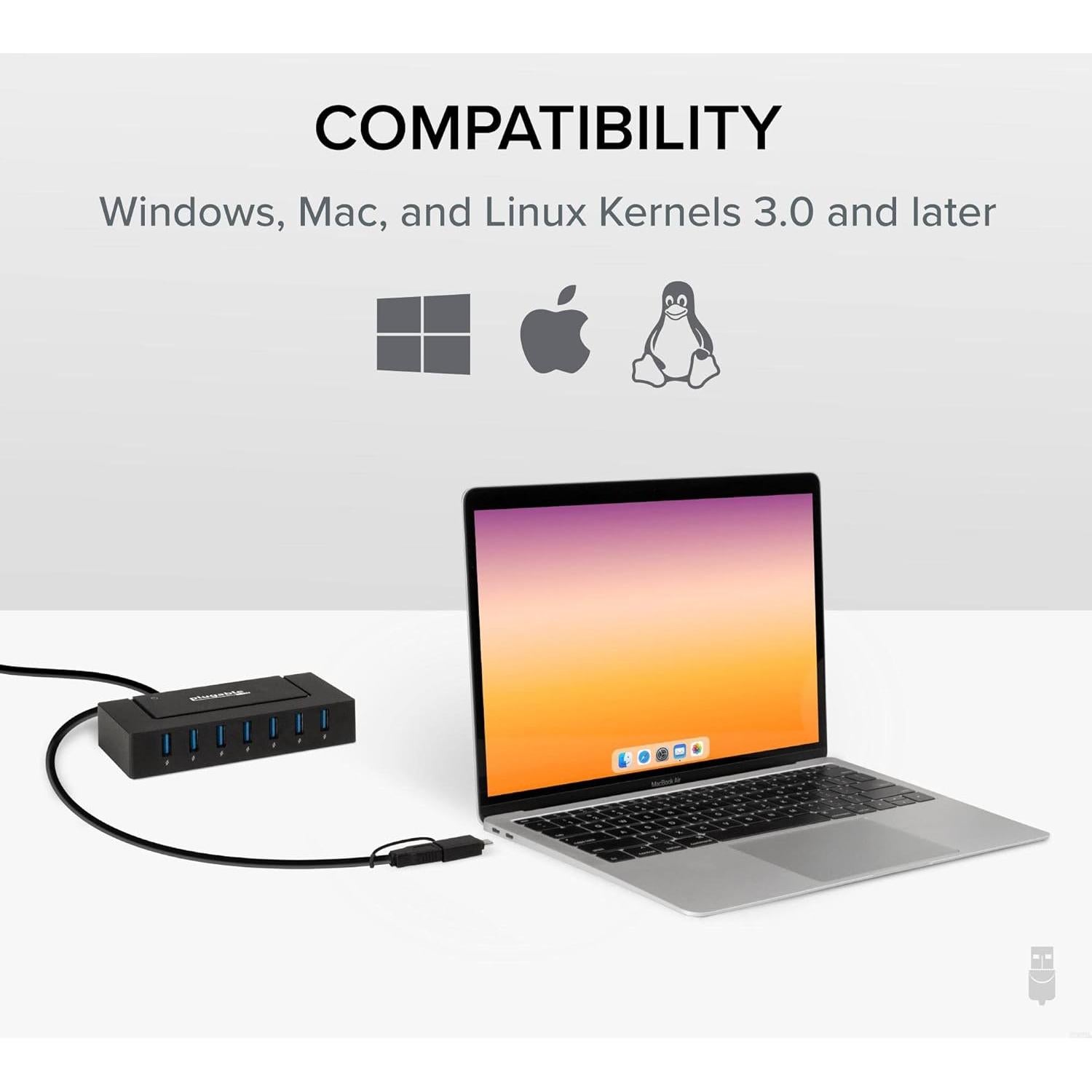 Hub USB 7 Puertos Plugable 3.0 y USB-C 60W Carga Rápida