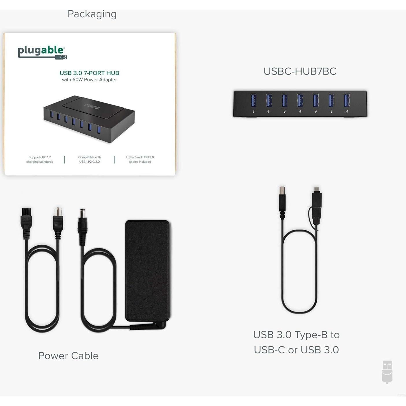 Hub USB 7 Puertos Plugable 3.0 y USB-C 60W Carga Rápida