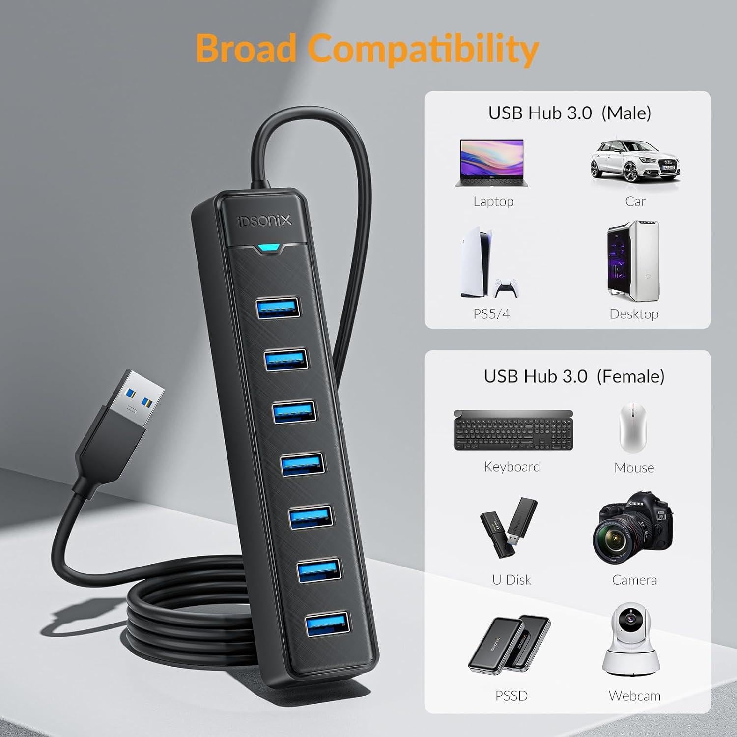 Hub USB 3.0 iDsonix 7 Puertos 1m Adaptador Multiport 5Gbps