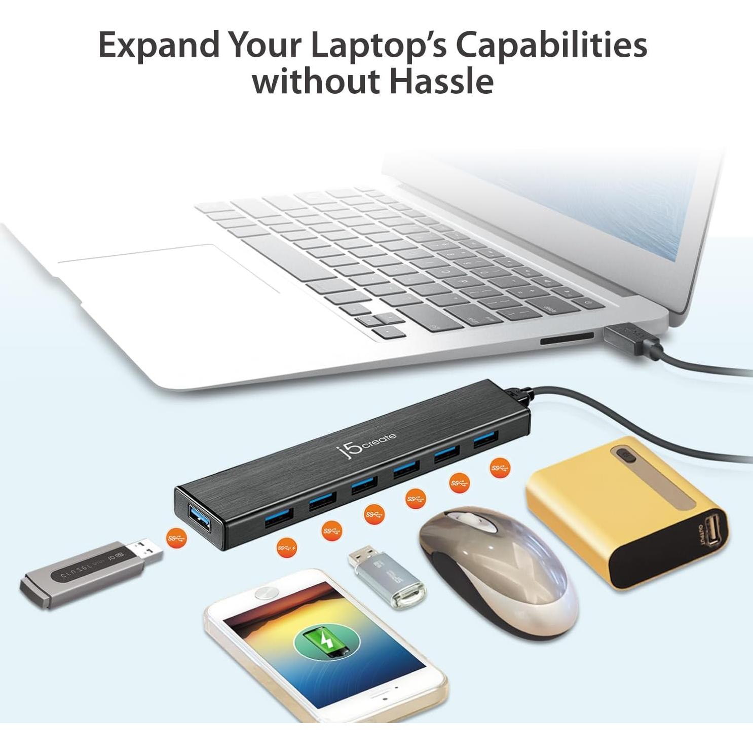 Hub USB 3.0 j5create JUH377 con 7 Puertos y Adaptador 20W