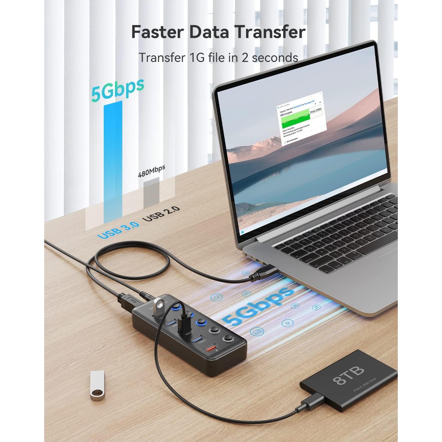 Hub USB 3.0 Alimentado Wenter 5 Puertos con Carga Inteligente