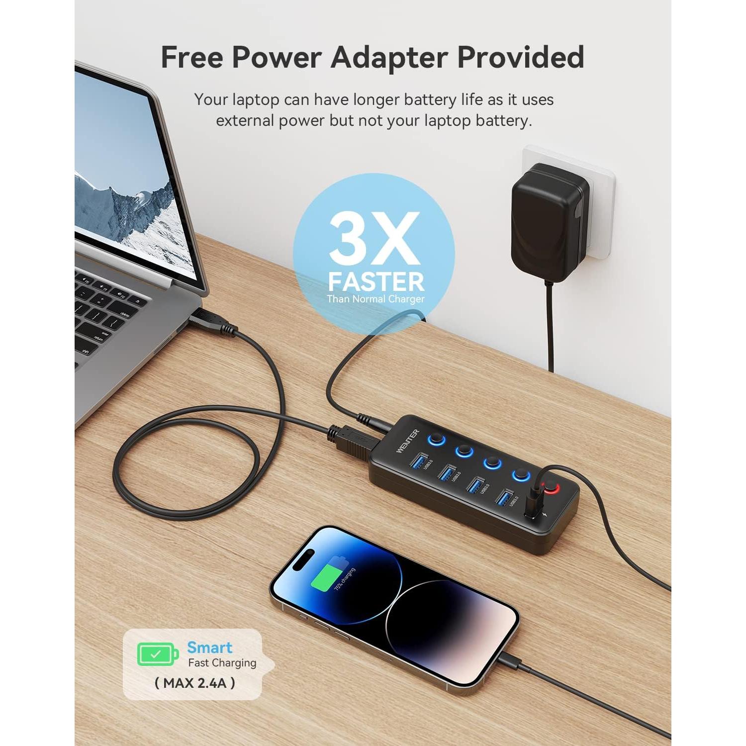 Hub USB 3.0 Alimentado Wenter 5 Puertos con Carga Inteligente