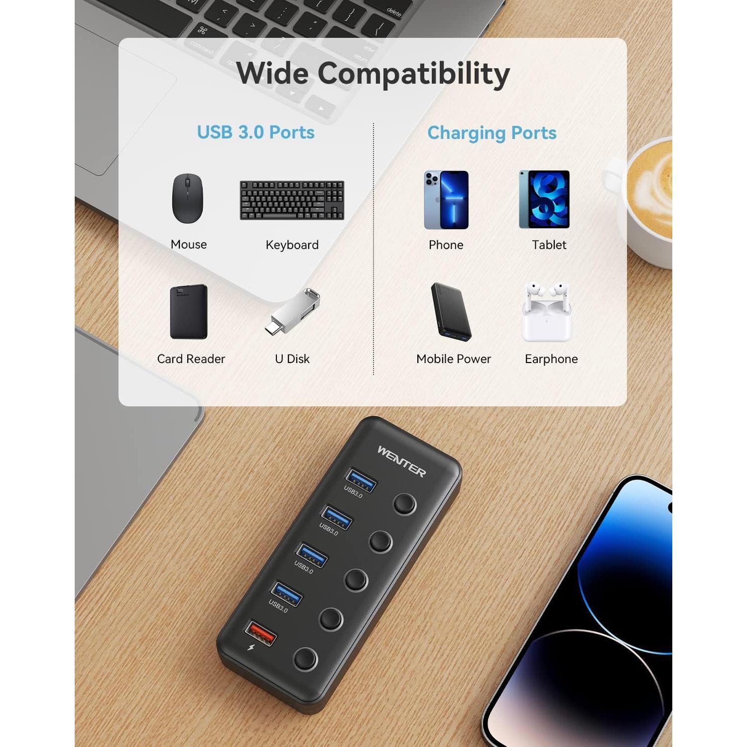 Hub USB 3.0 Alimentado Wenter 5 Puertos con Carga Inteligente