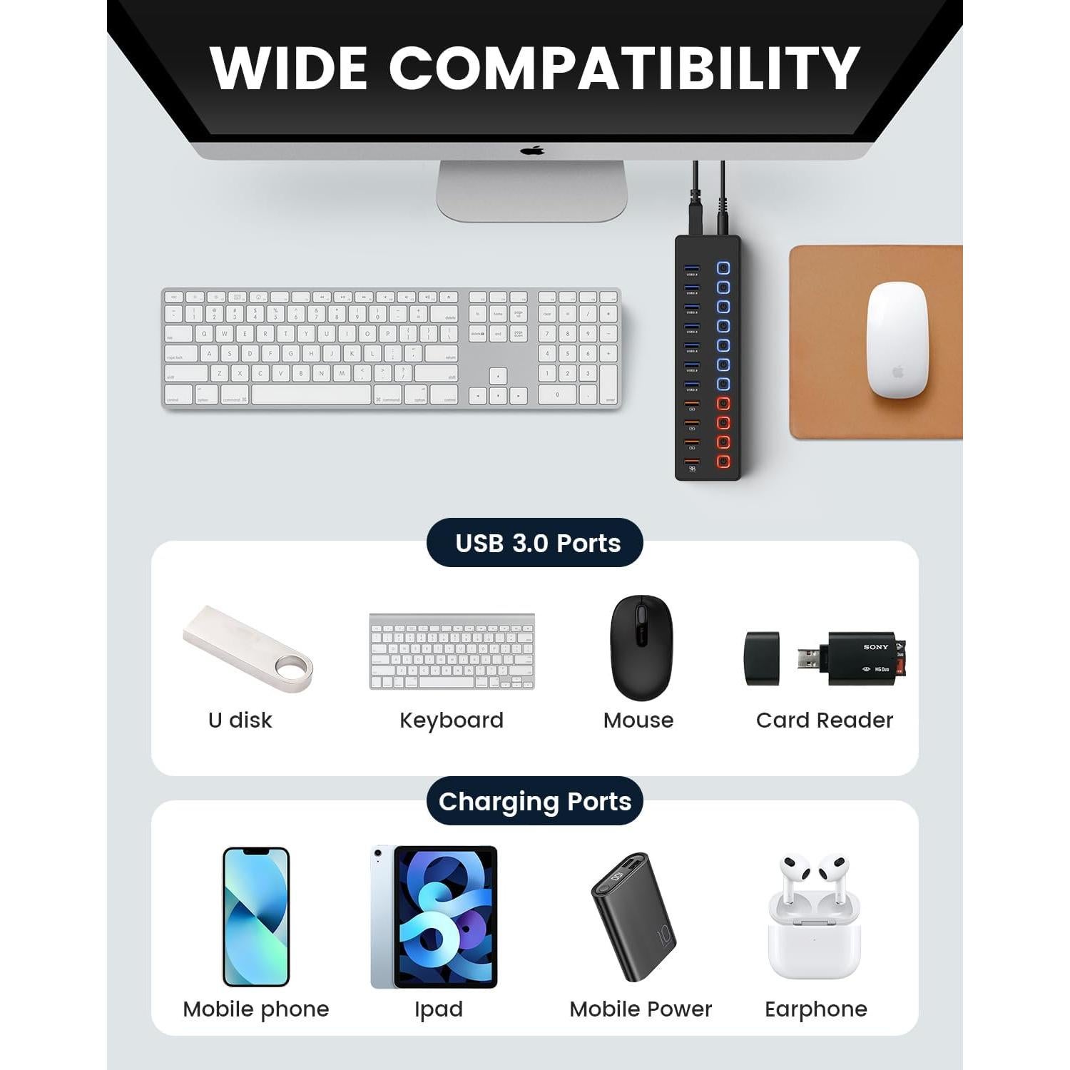 Hub USB 3.0 Alimentado Wulofe 11 Puertos con Carga Inteligente