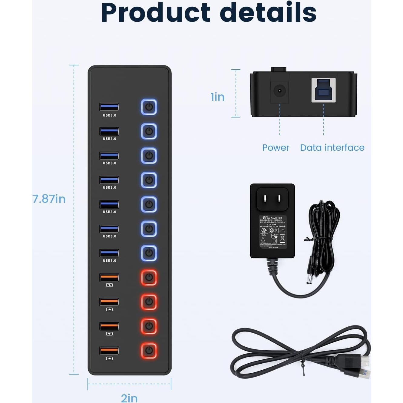 Hub USB 3.0 Alimentado Wulofe 11 Puertos con Carga Inteligente
