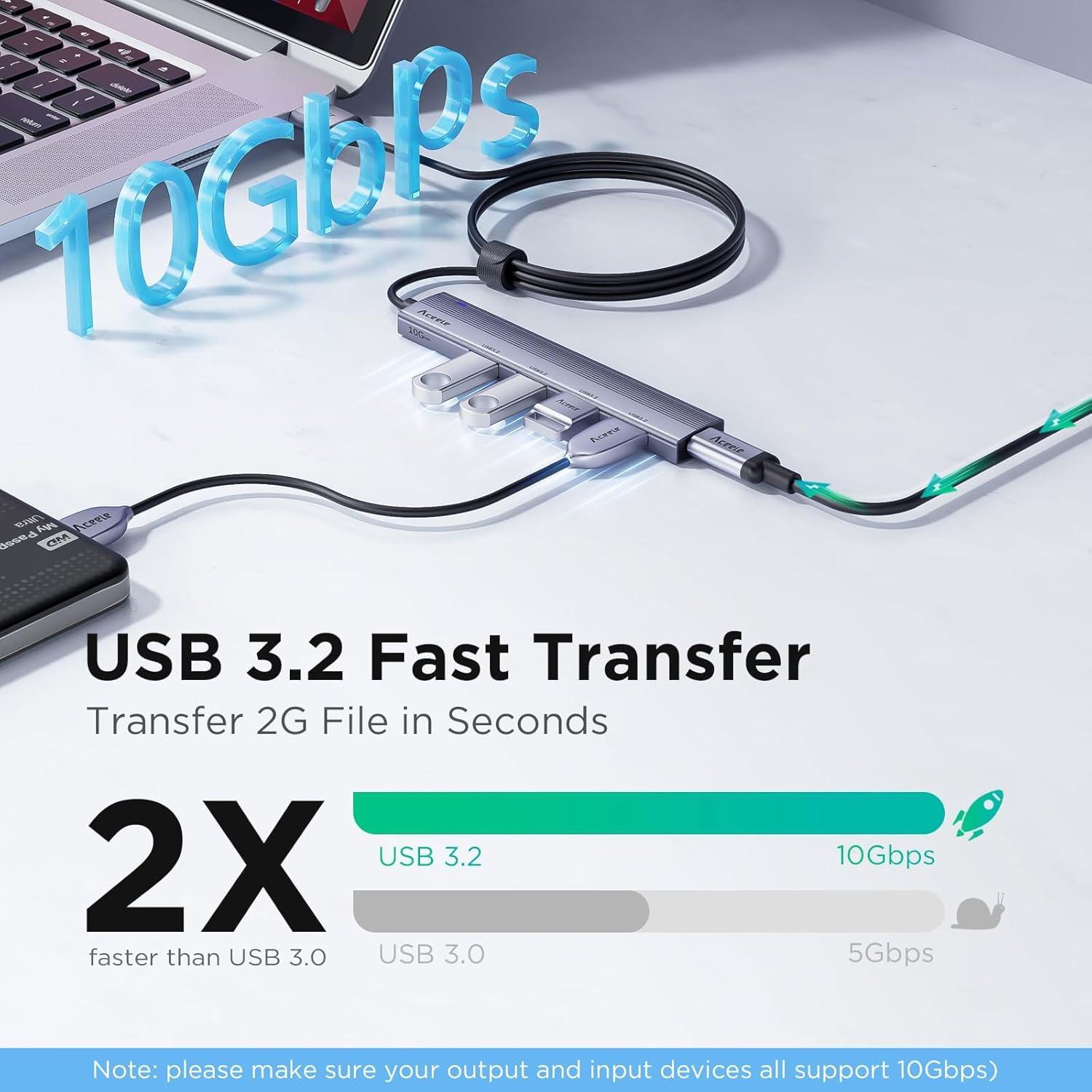 Hub USB 3.2 Aceele 4 Puertos 10Gbps con Cable 1.2m