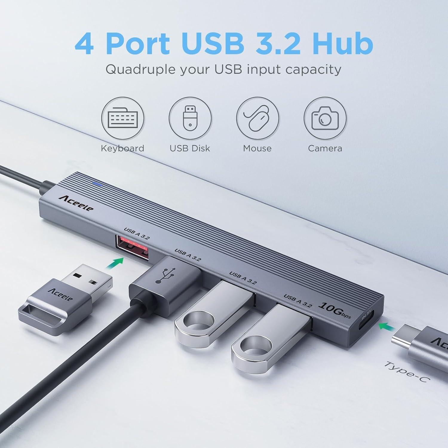 Hub USB 3.2 Aceele 4 Puertos 10Gbps con Cable 1.2m
