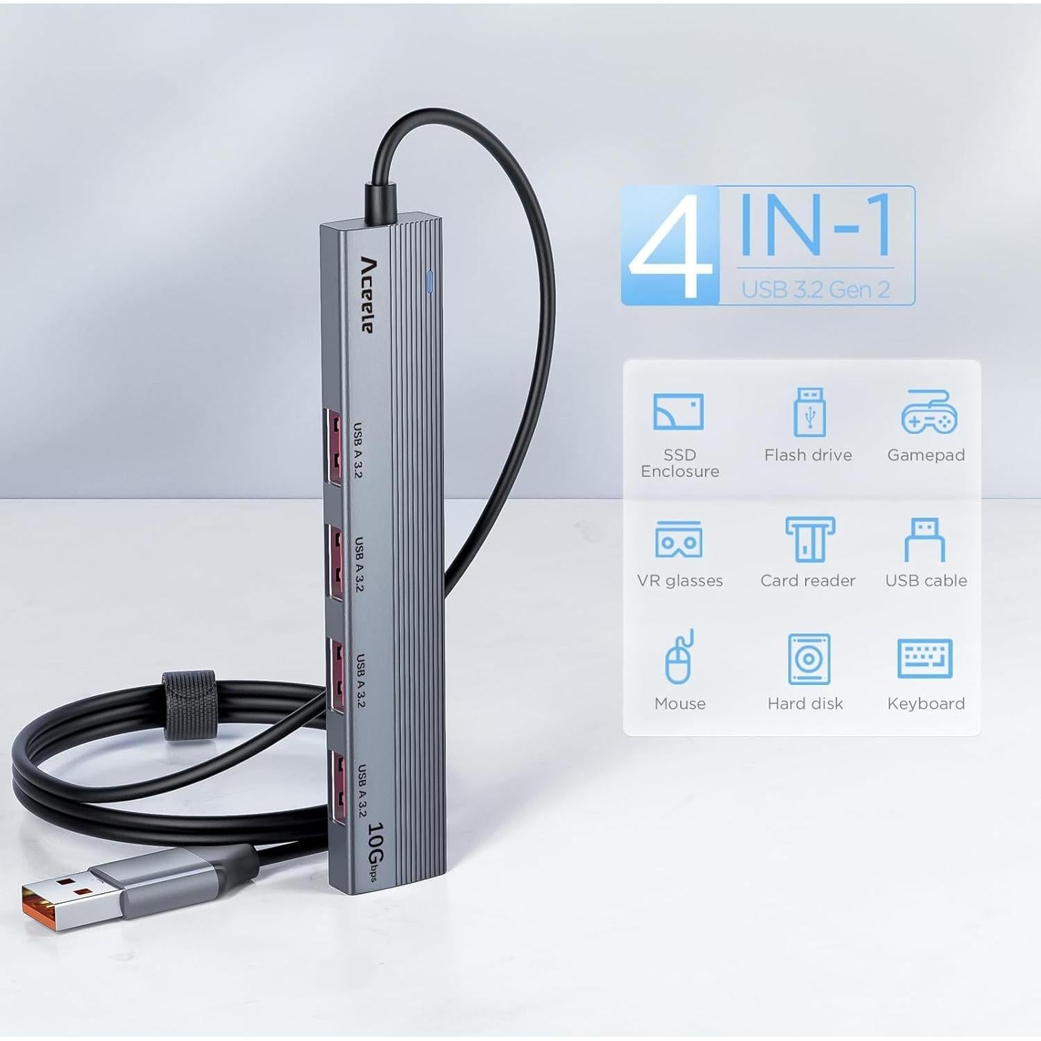 Hub USB 3.2 Aceele 4 Puertos 10Gbps con Cable 1.2m