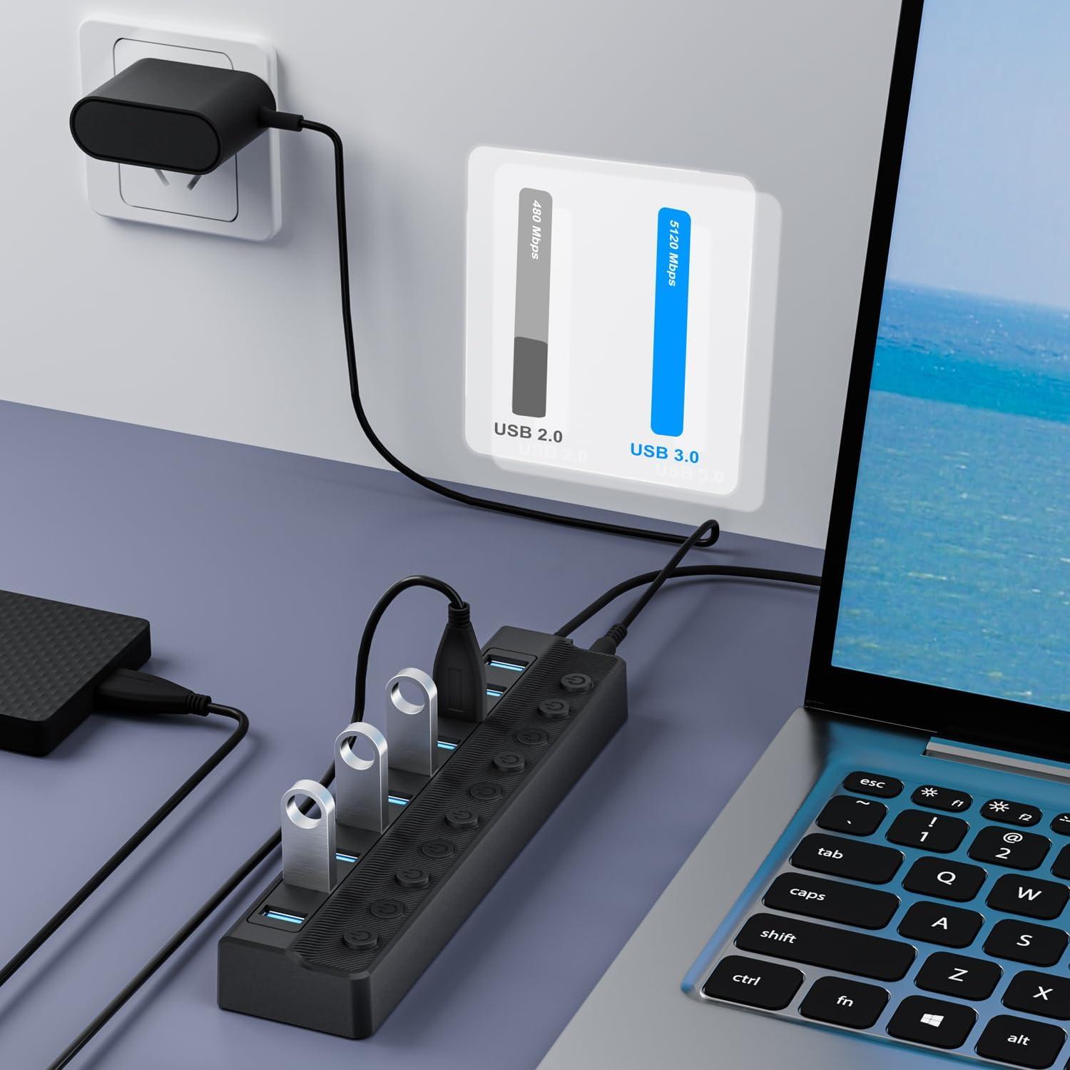 Hub USB 3.0 ONFINIO de 10 Puertos con Interruptores LED