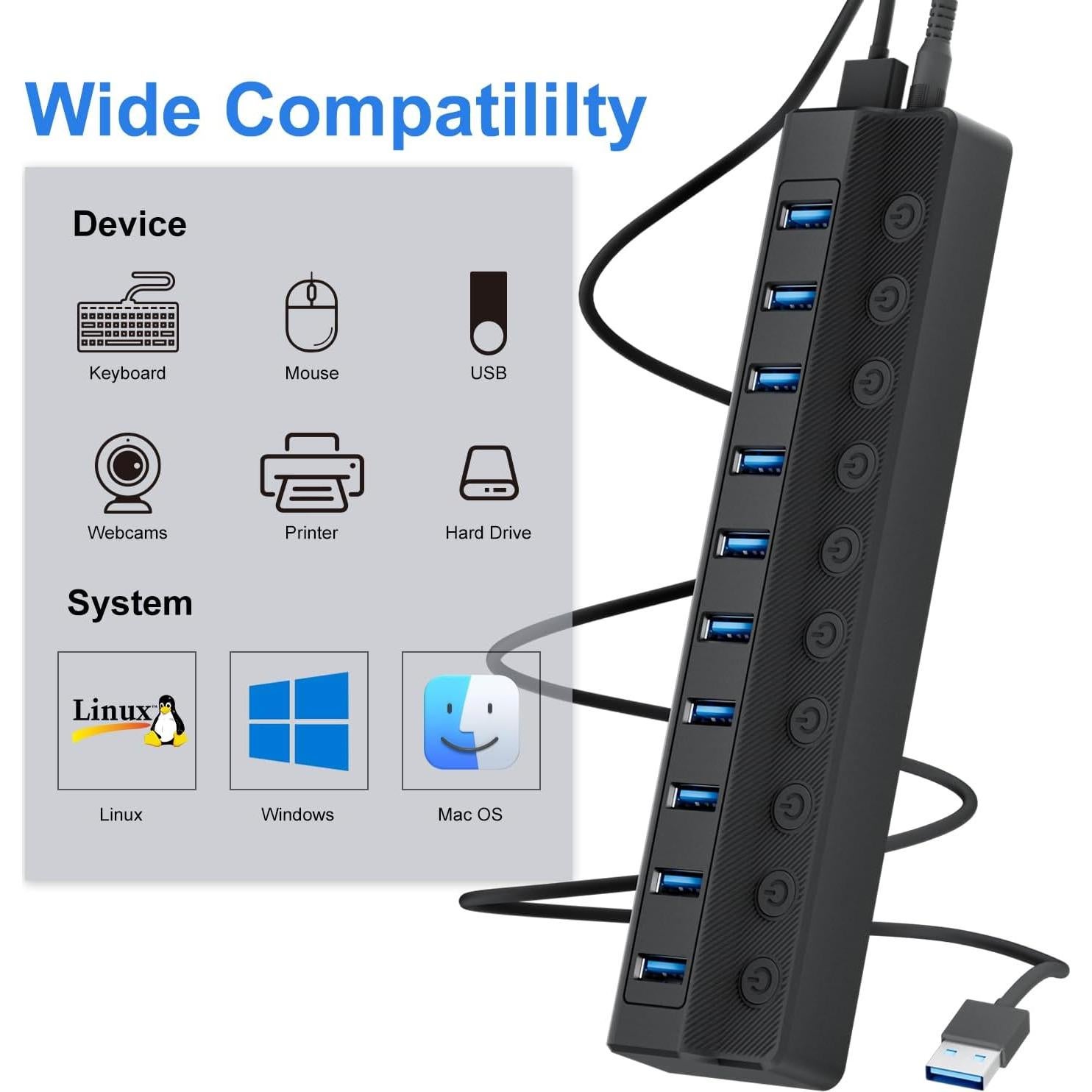 Hub USB 3.0 ONFINIO de 10 Puertos con Interruptores LED
