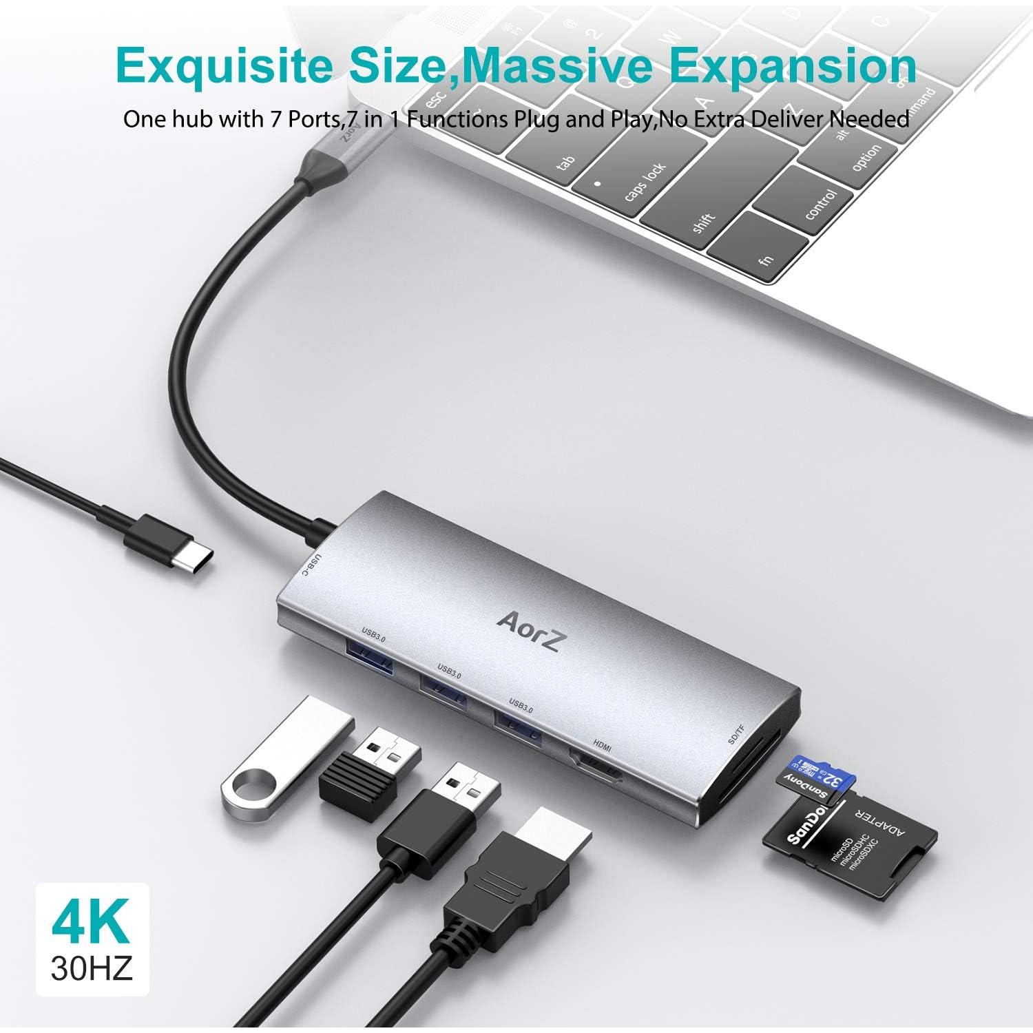 Hub USB C AorZ 7 en 1 con HDMI 4K, 3 USB 3.0, Carga 100W