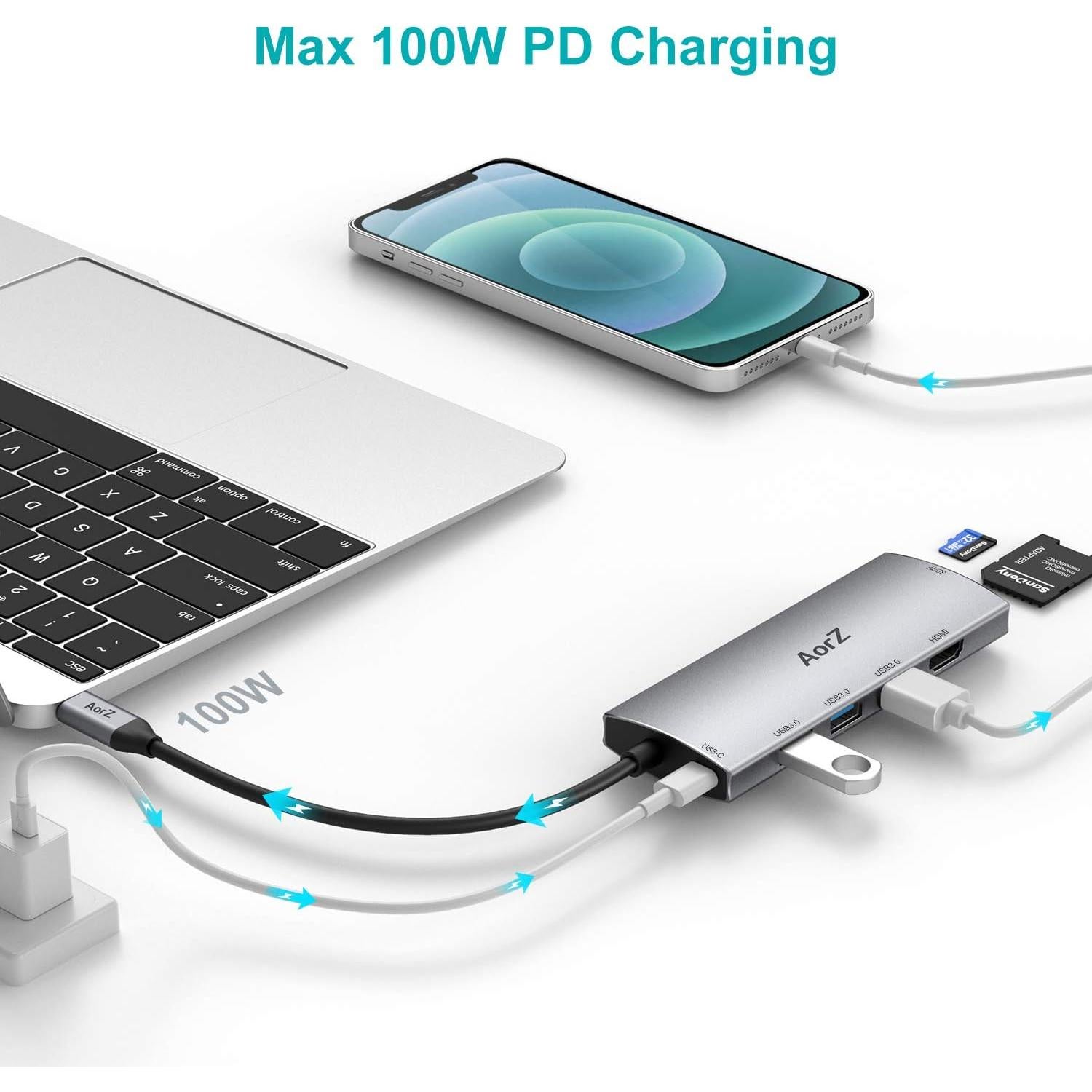 Hub USB C AorZ 7 en 1 con HDMI 4K, 3 USB 3.0, Carga 100W