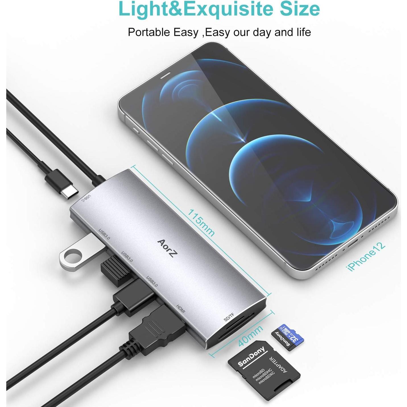 Hub USB C AorZ 7 en 1 con HDMI 4K, 3 USB 3.0, Carga 100W