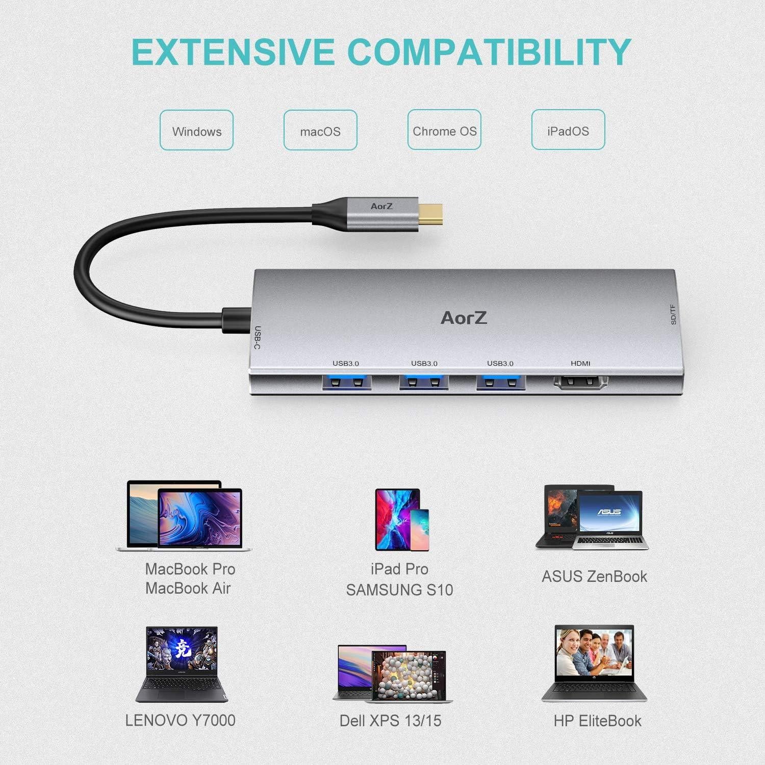 Hub USB C AorZ 7 en 1 con HDMI 4K, 3 USB 3.0, Carga 100W