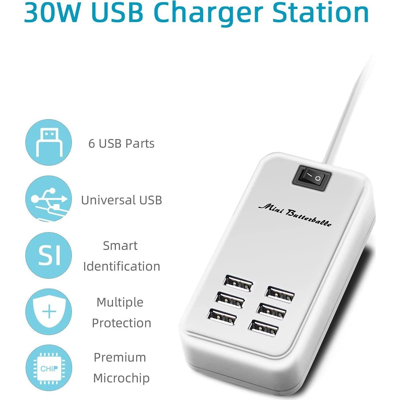 Cargador USB Hub 6 Puertos Mini Butterballe Blanco