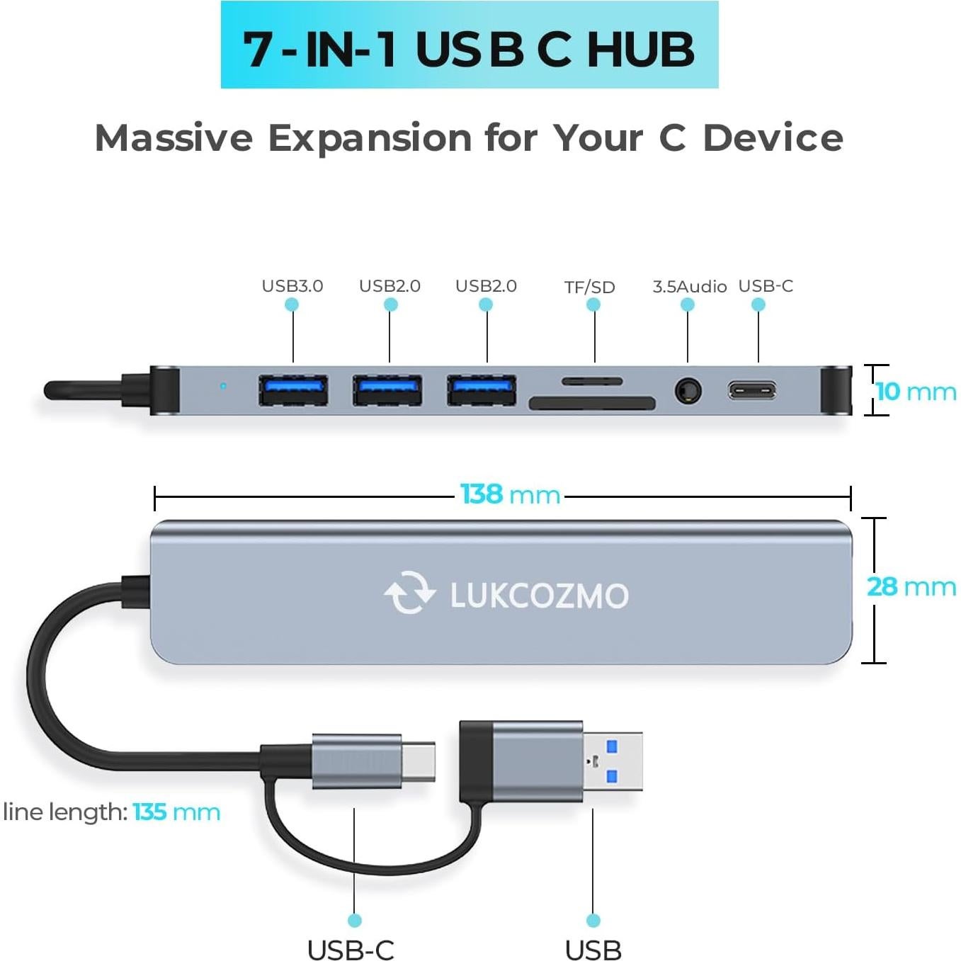 Hub USB C 7 en 1 LUKCOZMO con 4 Puertos USB y Lector SD