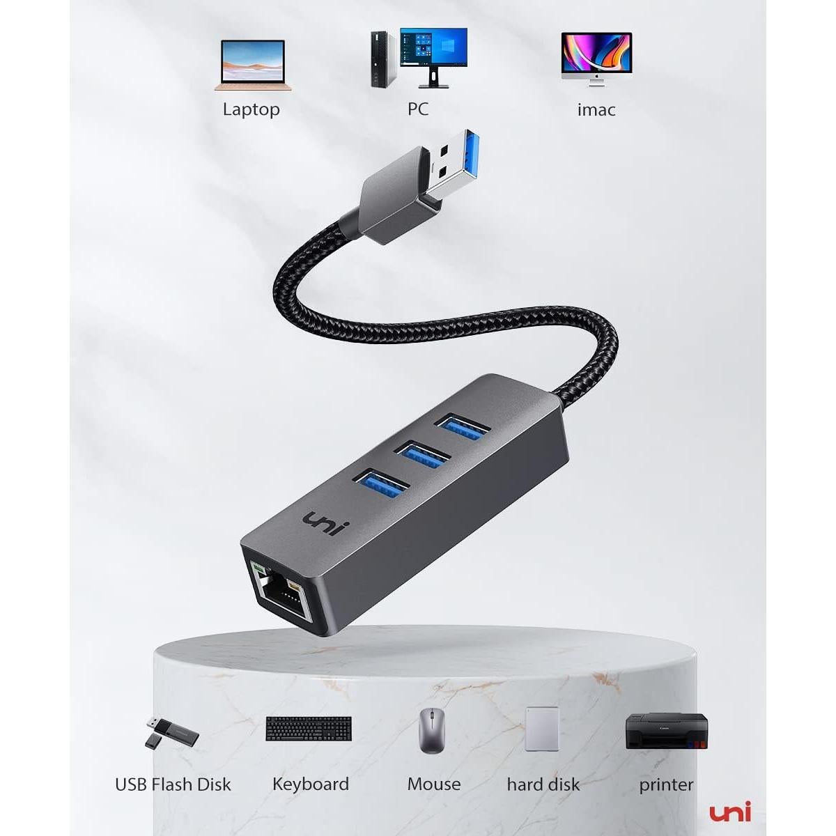 Adaptador USB a Ethernet uni EHUB02 4 en 1 1000 Mbps Gris