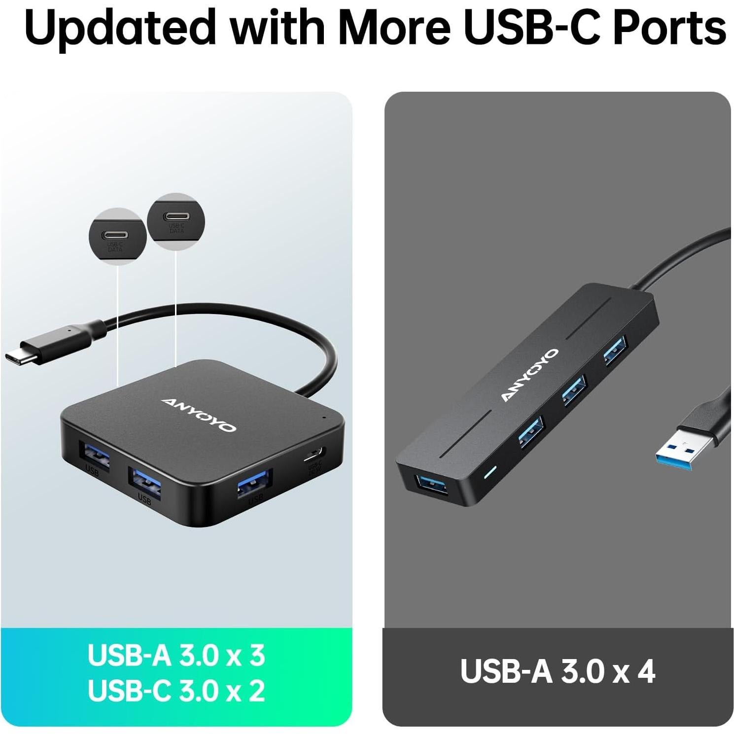 Hub USB 6 en 1 ANYOYO con 3 USB-A y 3 USB-C 3.0