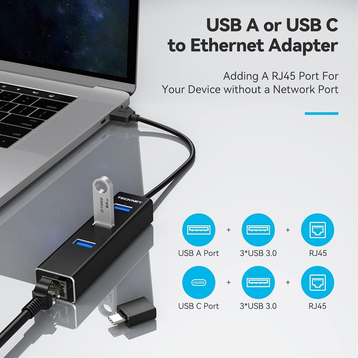 Adaptador USB C a Ethernet TECKNET con 3 puertos USB 3.0