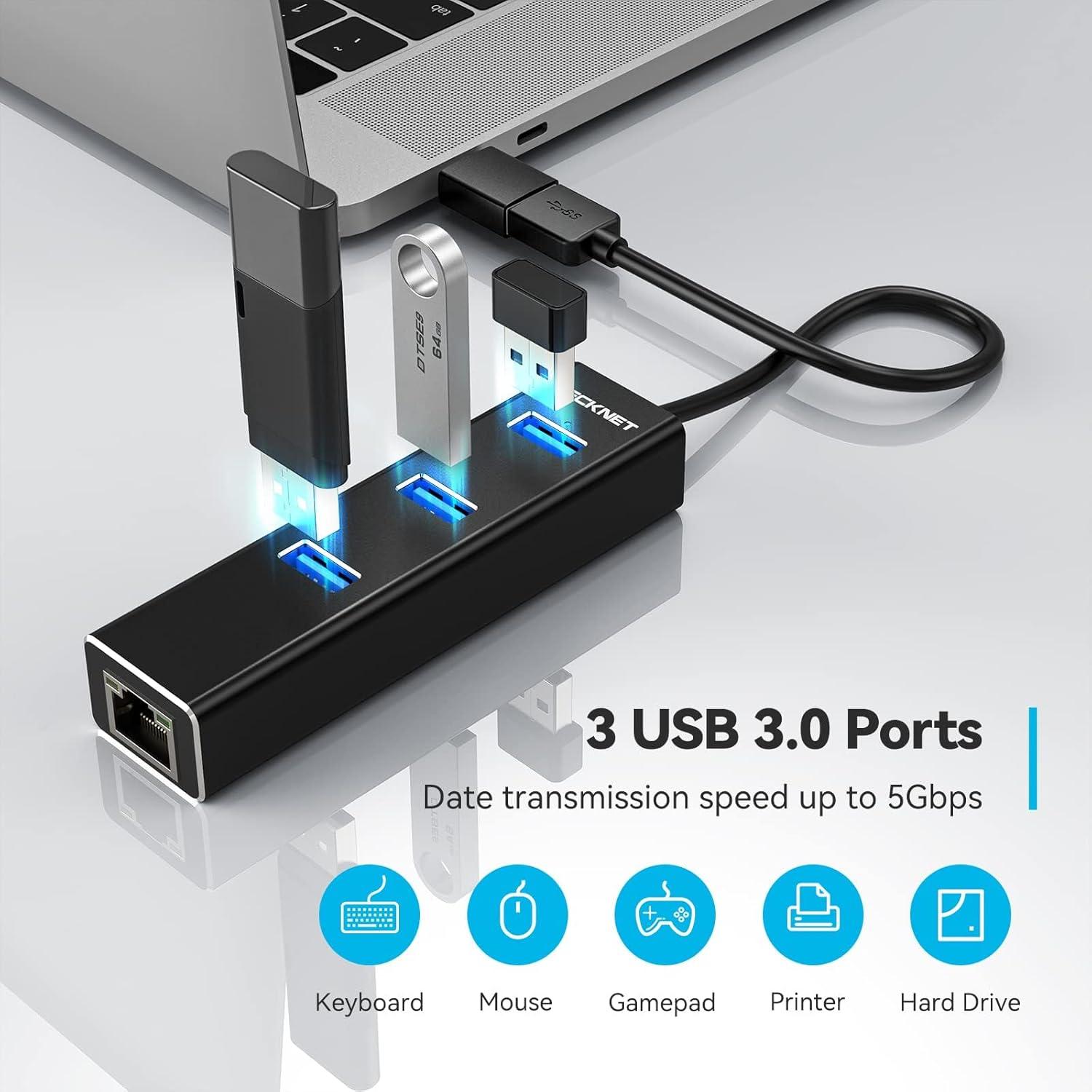 Adaptador USB C a Ethernet TECKNET con 3 puertos USB 3.0