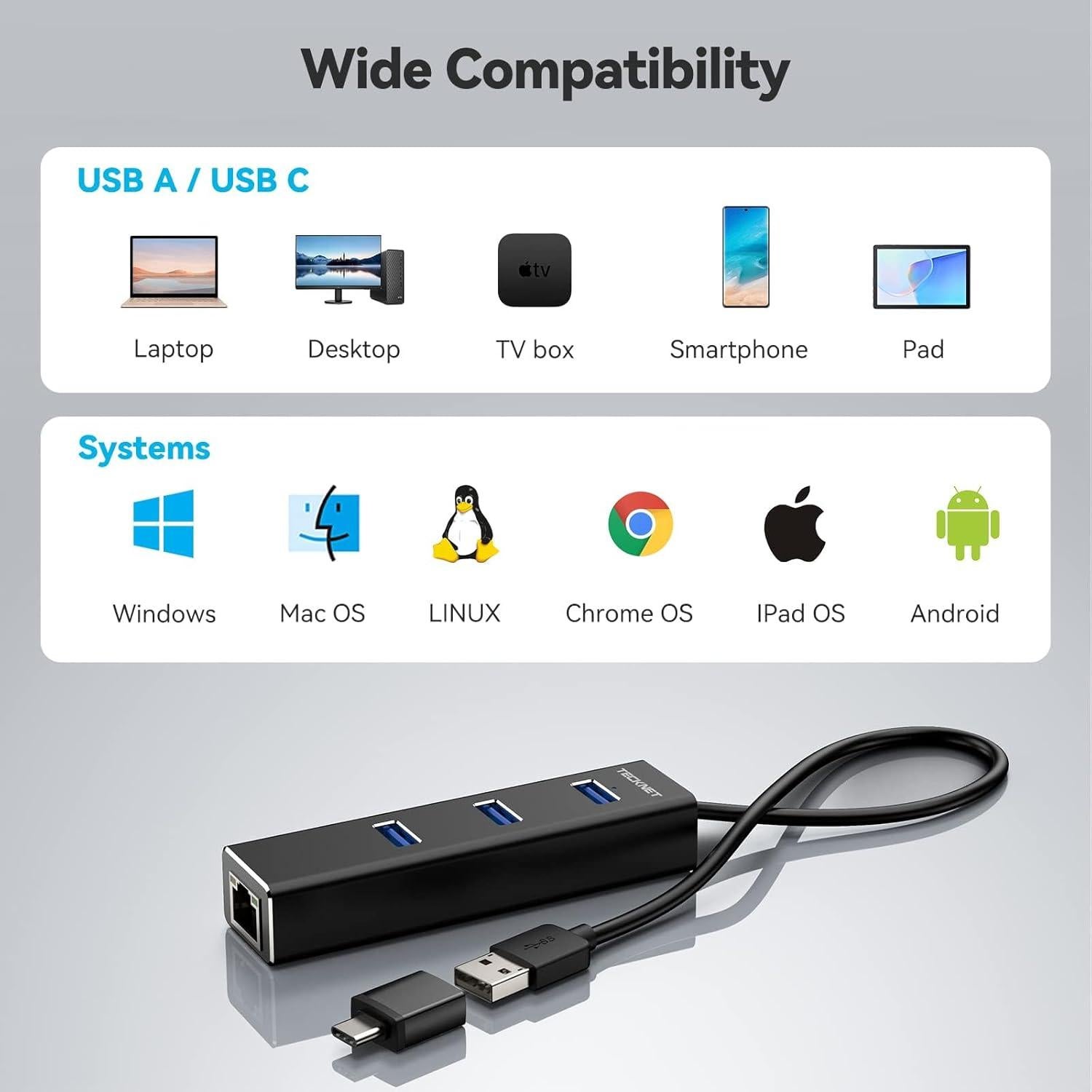 Adaptador USB C a Ethernet TECKNET con 3 puertos USB 3.0