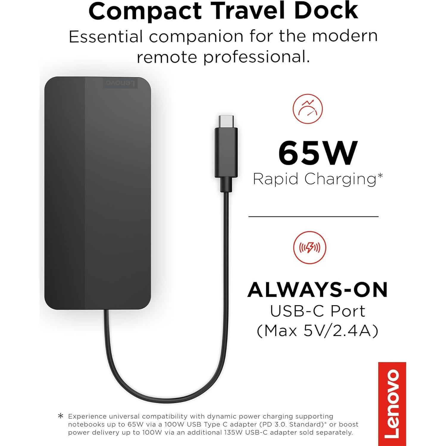 Dock de Viaje USB-C Lenovo - 7 Puertos, Duales Pantallas 4K